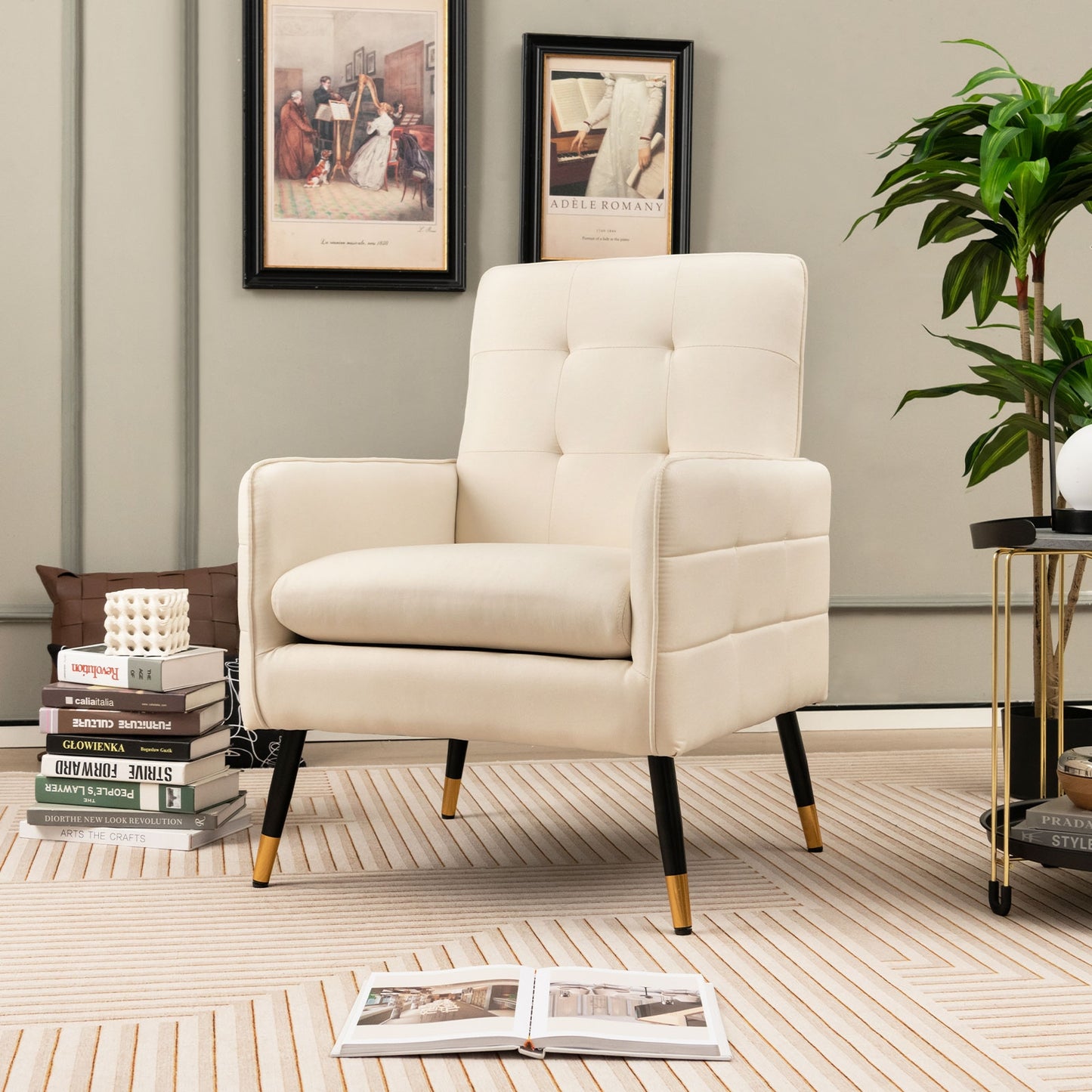 Modern Linen Upholstered Accent Chair with Removable Cushion and Metal Legs in White