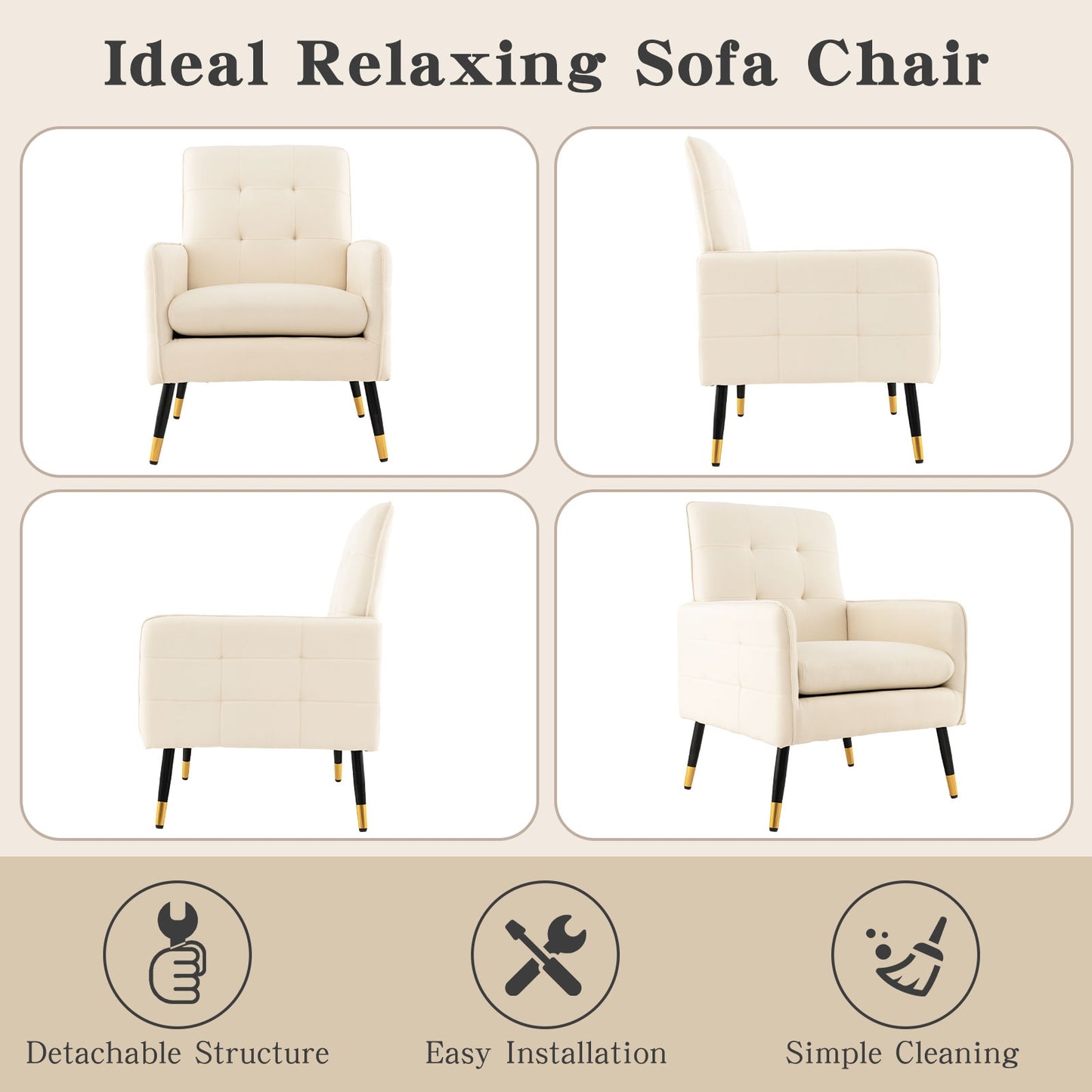Modern Linen Upholstered Accent Chair with Removable Cushion and Metal Legs in White