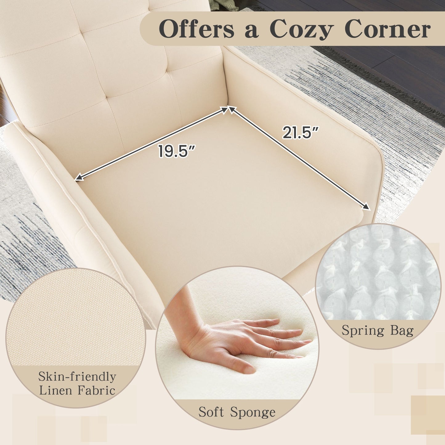 Modern Linen Upholstered Accent Chair with Removable Cushion and Metal Legs in White