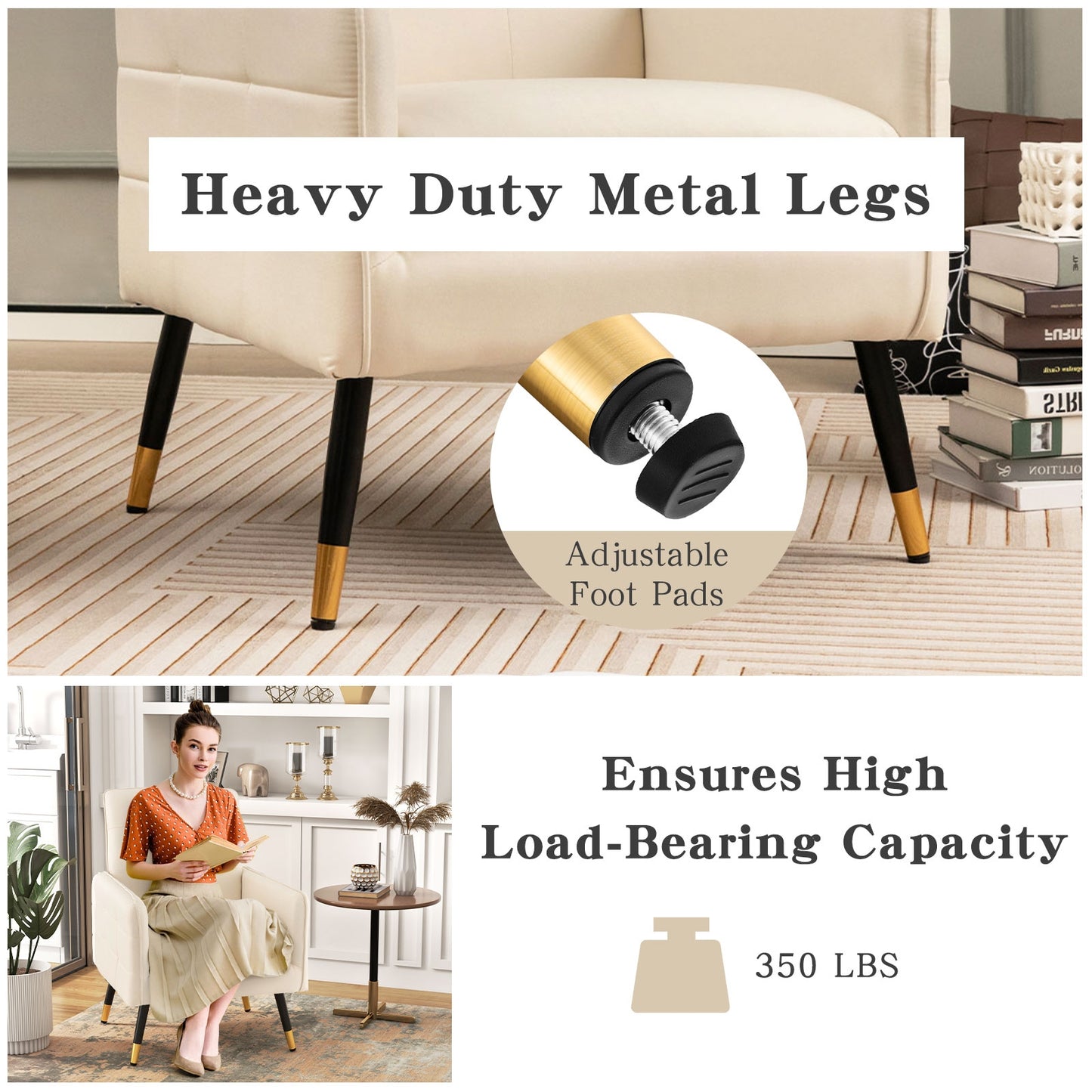 Modern Linen Upholstered Accent Chair with Removable Cushion and Metal Legs in White