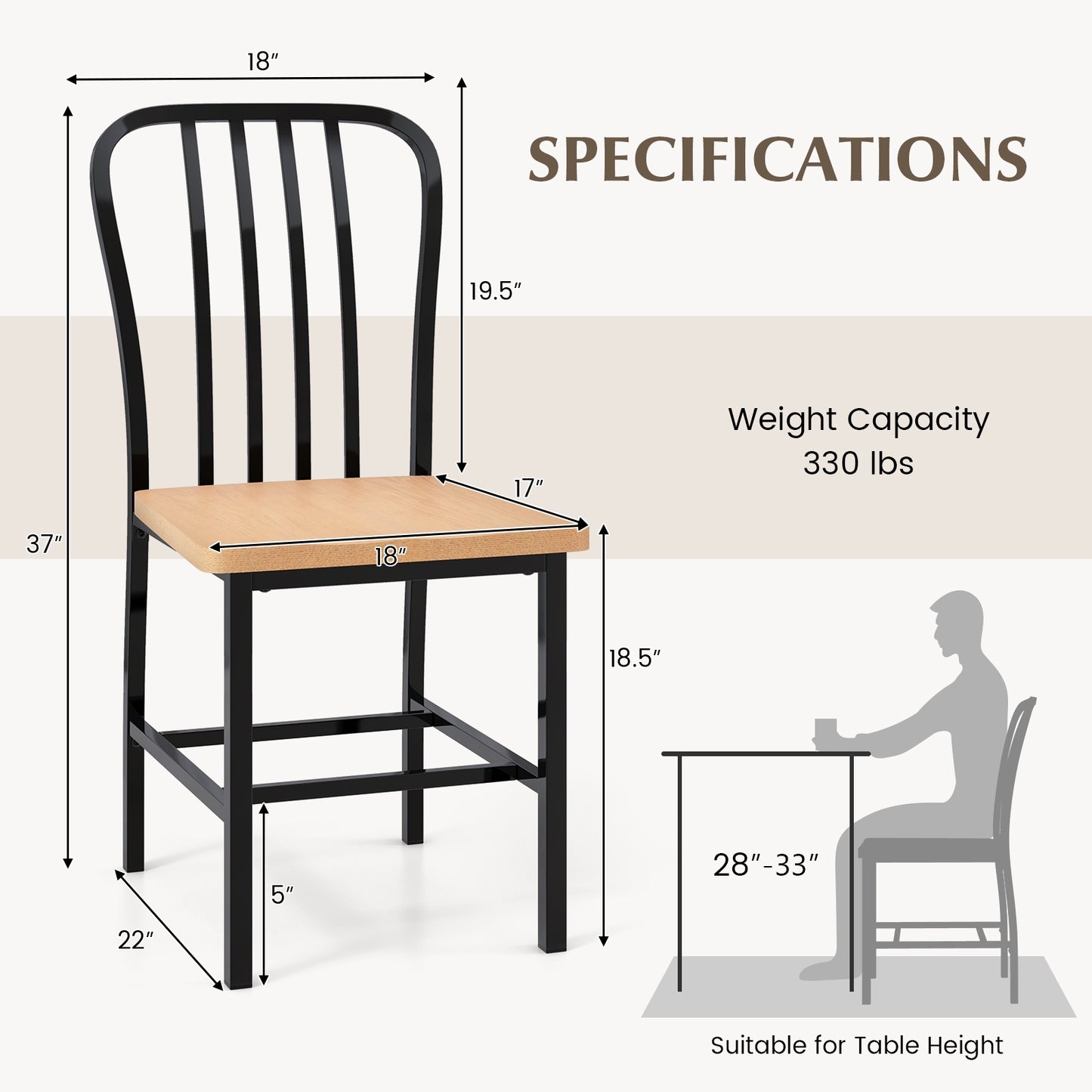 Pair of Spindle Back Dining Chairs with Ergonomic Armless Seat for Comfortable Dining - Black