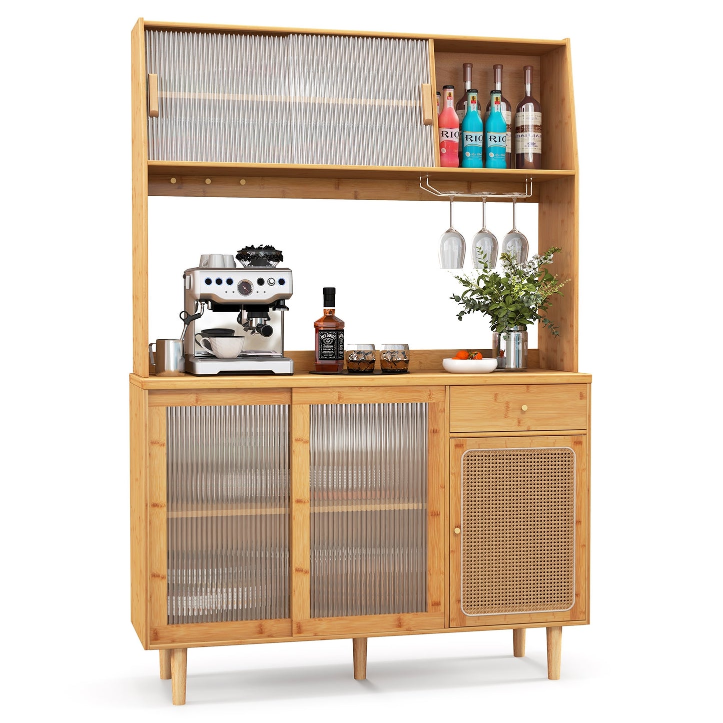 69 Inch Bamboo Wine Bar Cabinet with Sliding Glass Doors and Rattan Accents