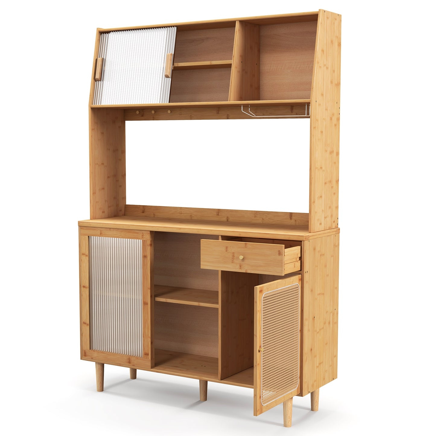 69 Inch Bamboo Wine Bar Cabinet with Sliding Glass Doors and Rattan Accents