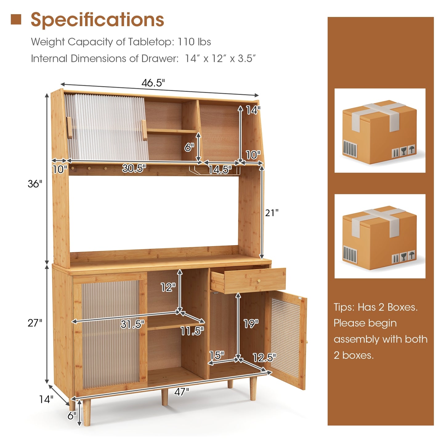 69 Inch Bamboo Wine Bar Cabinet with Sliding Glass Doors and Rattan Accents