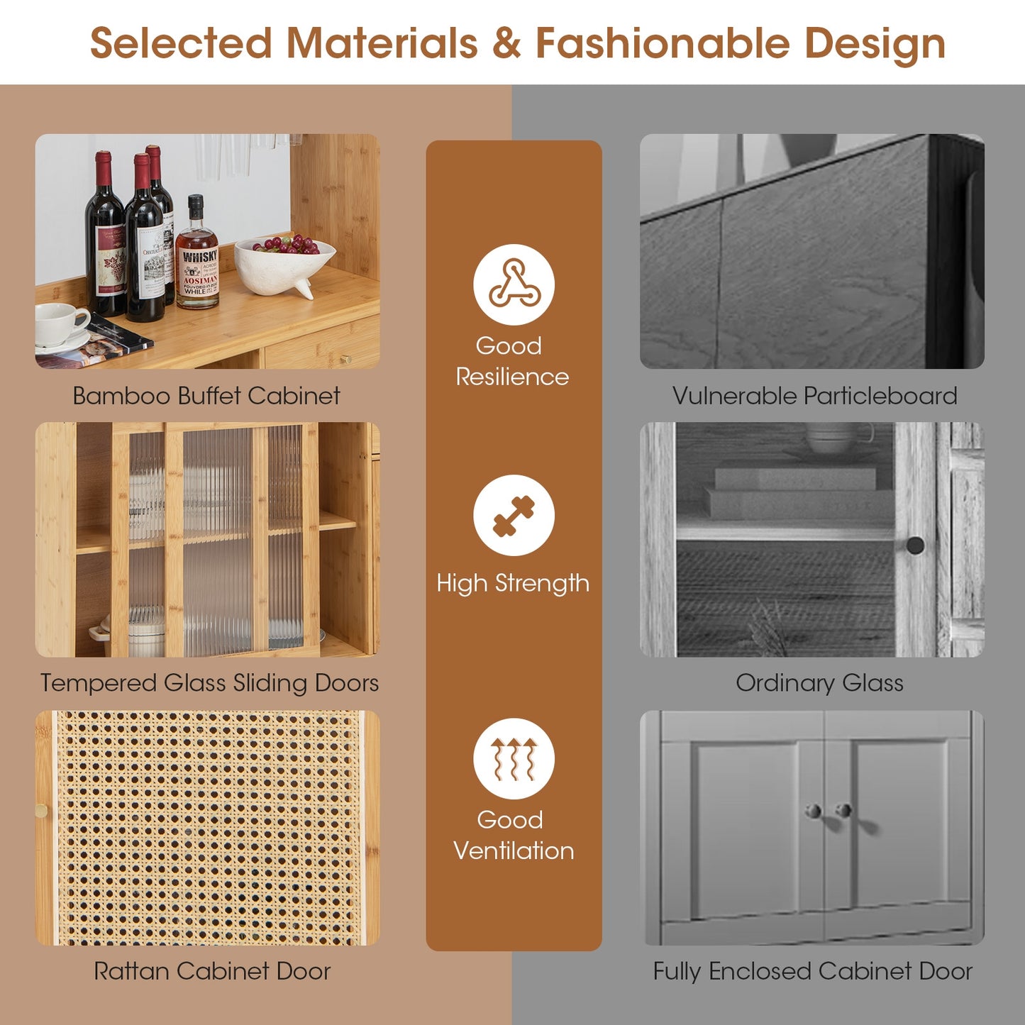 69 Inch Bamboo Wine Bar Cabinet with Sliding Glass Doors and Rattan Accents