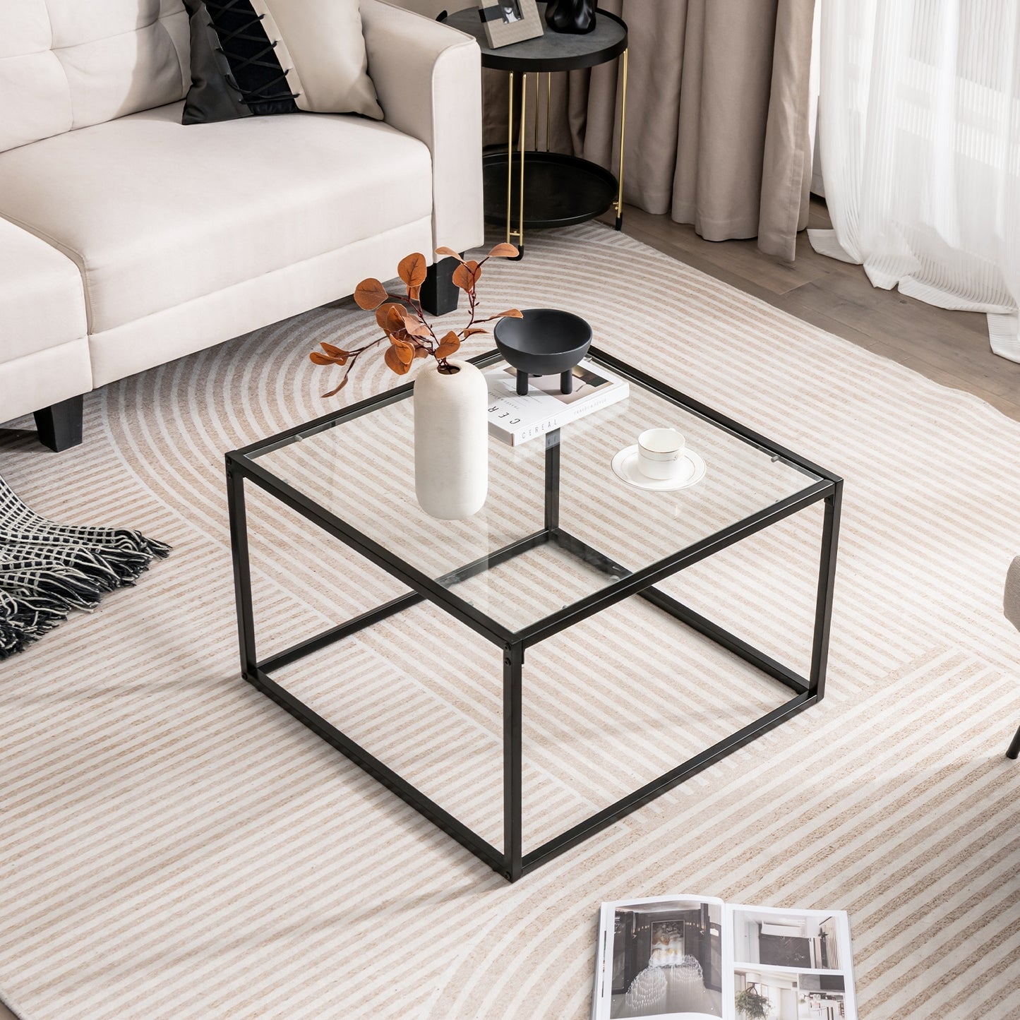 Modern Square Glass Coffee Table with Sturdy Metal Frame - Transparent