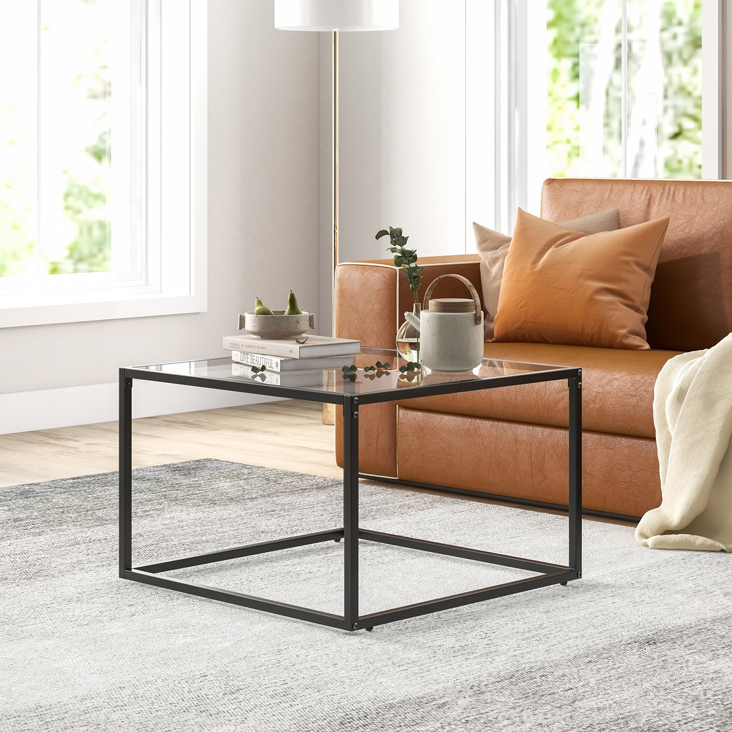 Modern Square Glass Coffee Table with Sturdy Metal Frame - Transparent