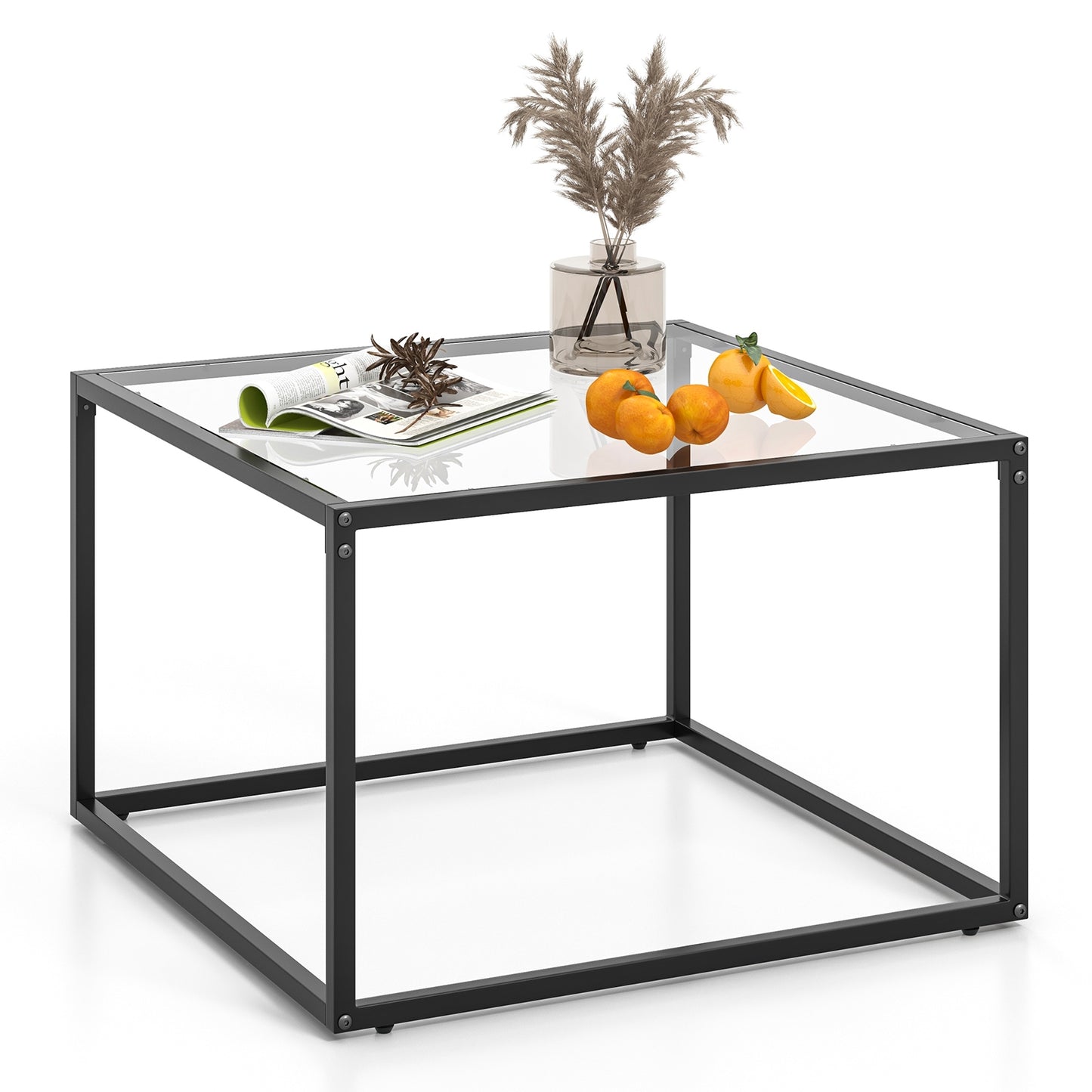 Modern Square Glass Coffee Table with Sturdy Metal Frame - Transparent