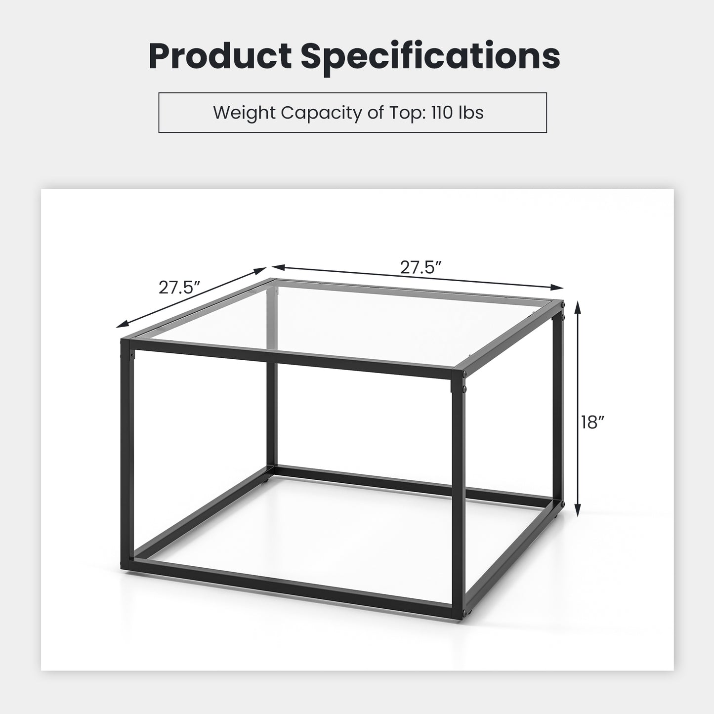 Modern Square Glass Coffee Table with Sturdy Metal Frame - Transparent