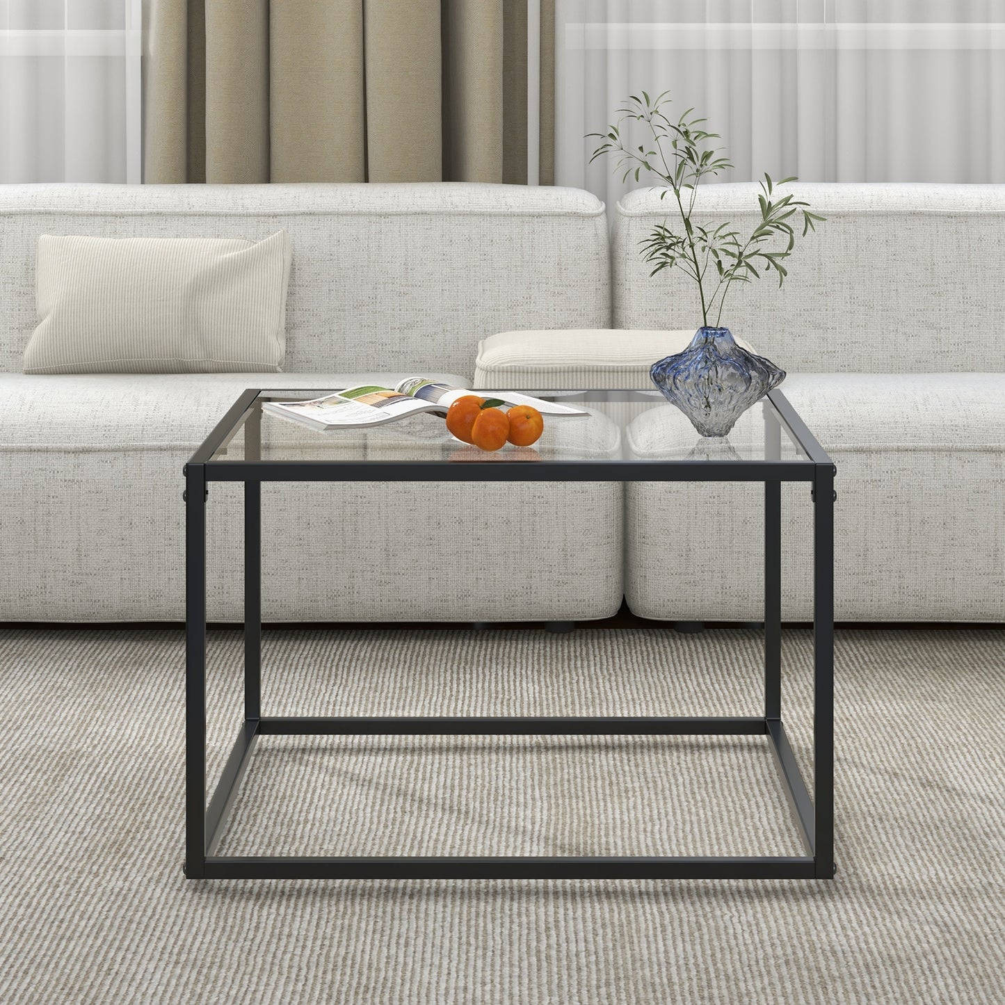 Modern Square Glass Coffee Table with Sturdy Metal Frame - Transparent