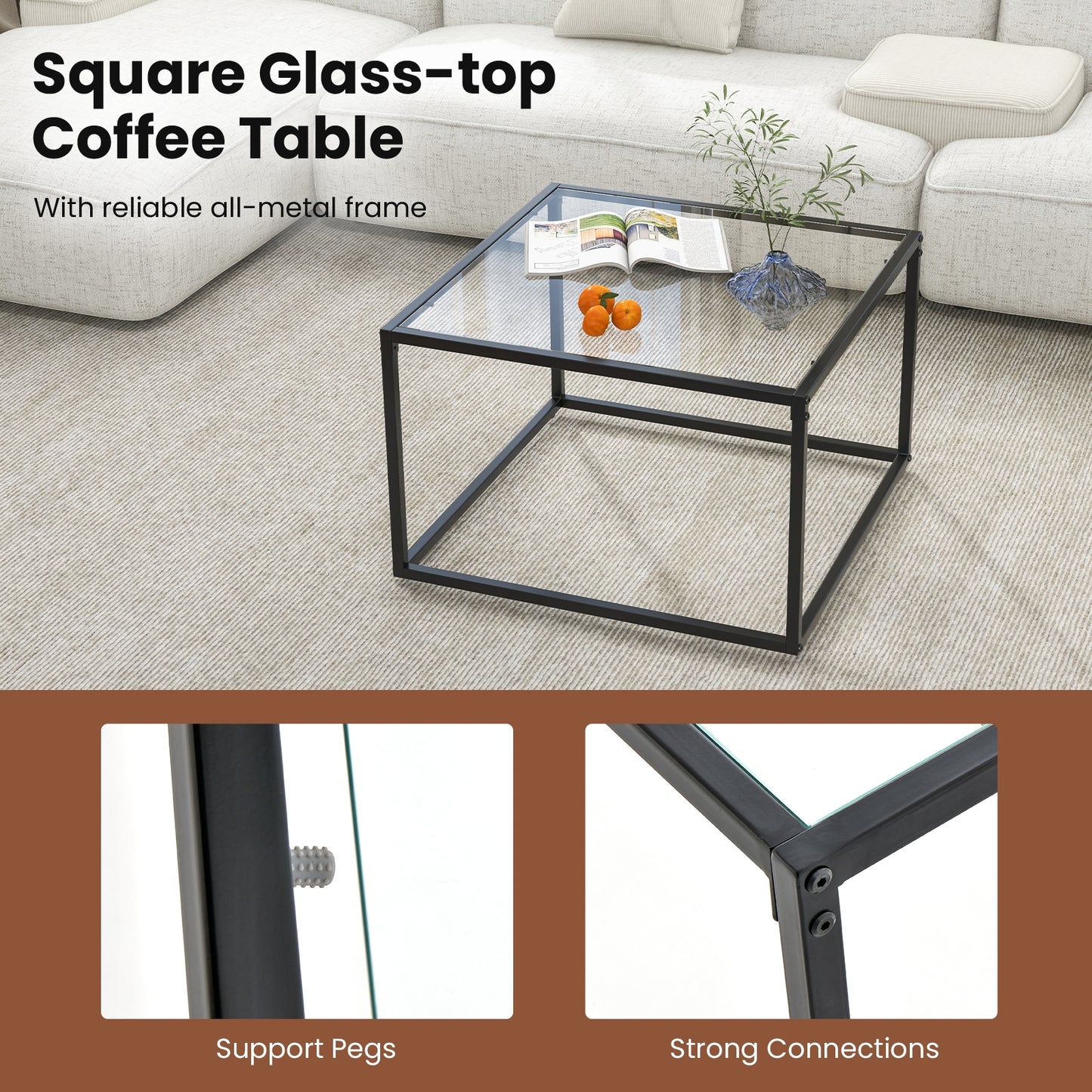 Modern Square Glass Coffee Table with Sturdy Metal Frame - Transparent