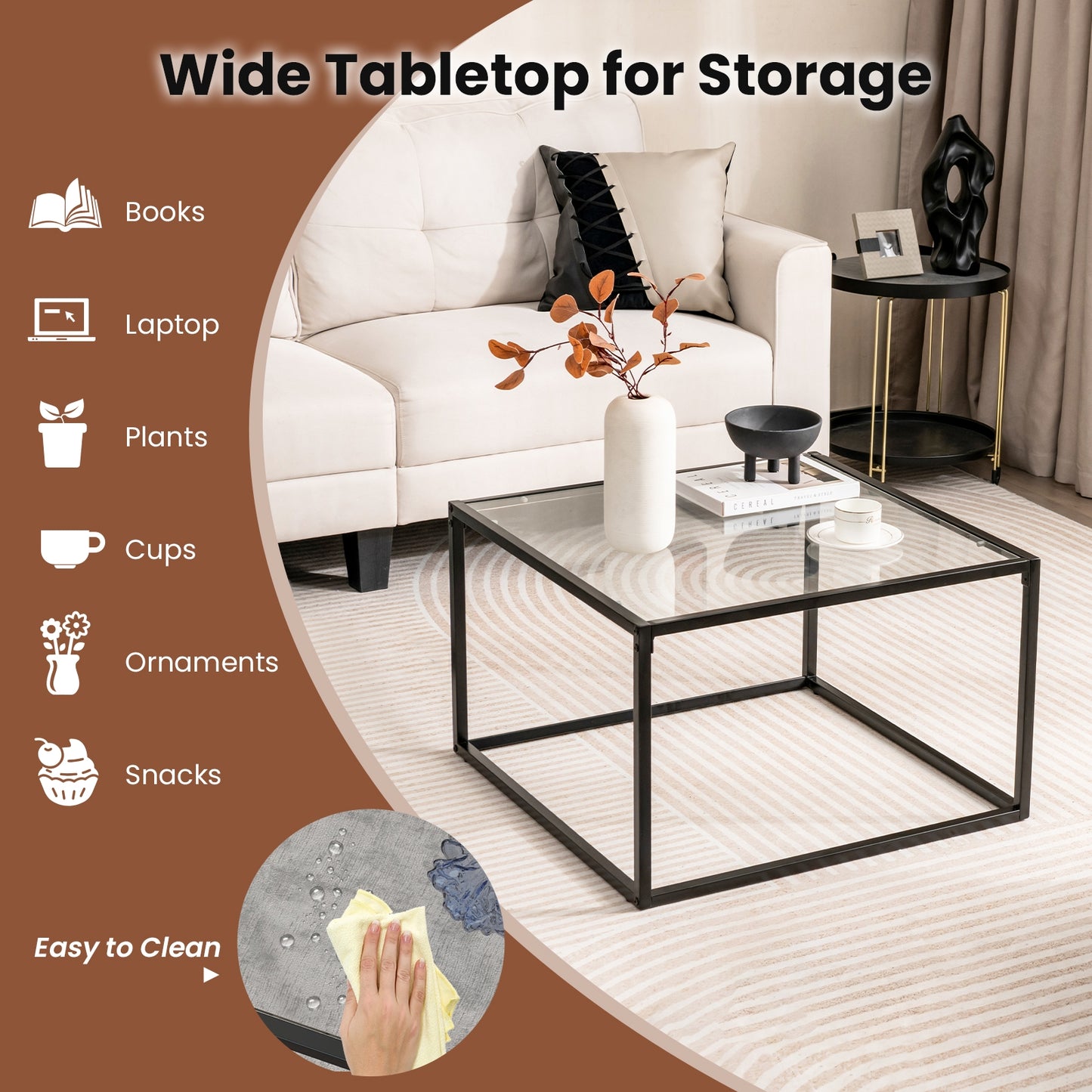 Modern Square Glass Coffee Table with Sturdy Metal Frame - Transparent