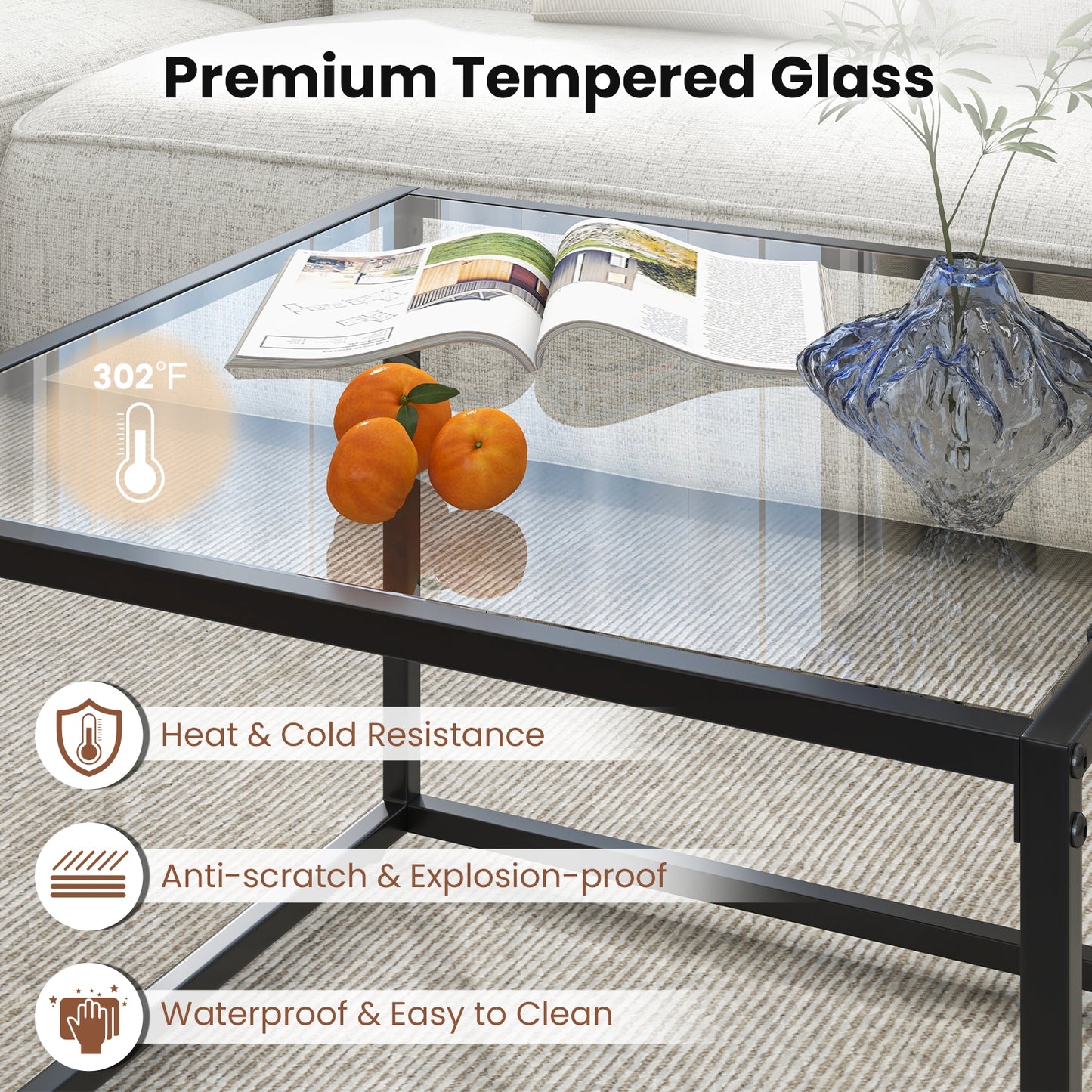 Modern Square Glass Coffee Table with Sturdy Metal Frame - Transparent