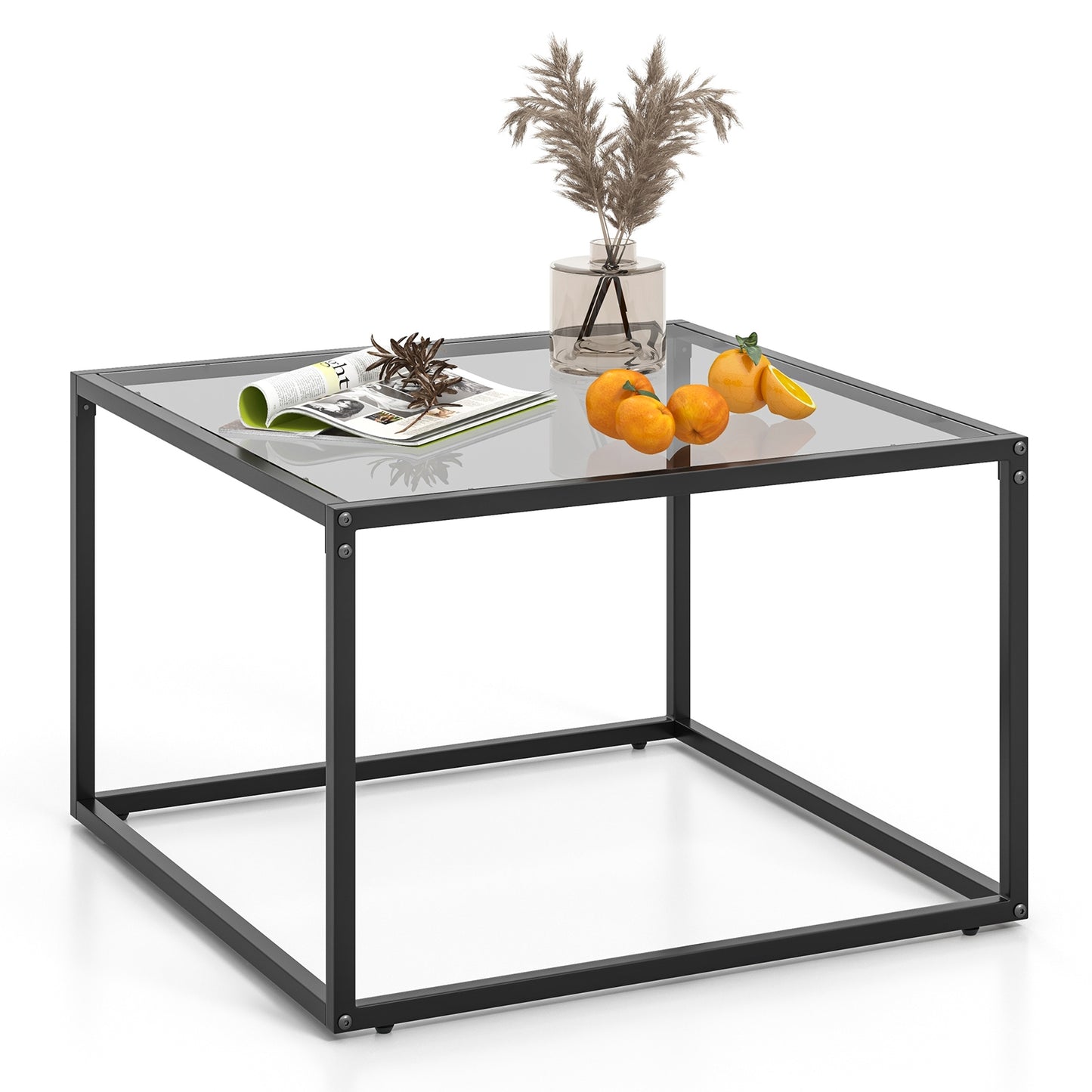 Modern Square Glass Coffee Table with Sturdy Metal Frame - Grey