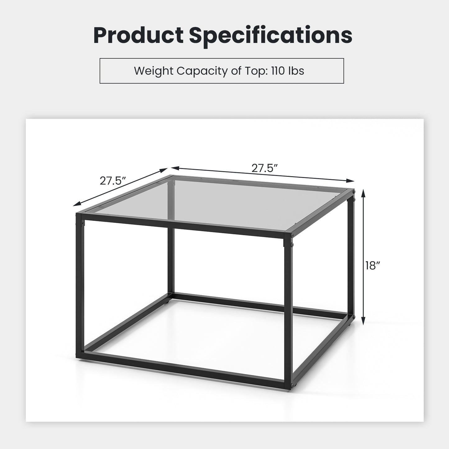 Modern Square Glass Coffee Table with Sturdy Metal Frame - Grey
