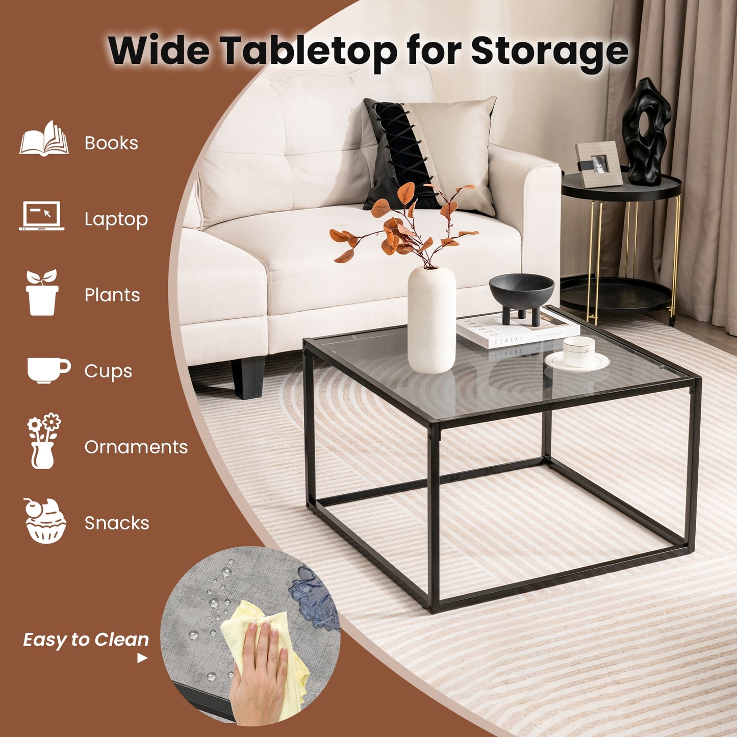 Modern Square Glass Coffee Table with Sturdy Metal Frame - Grey