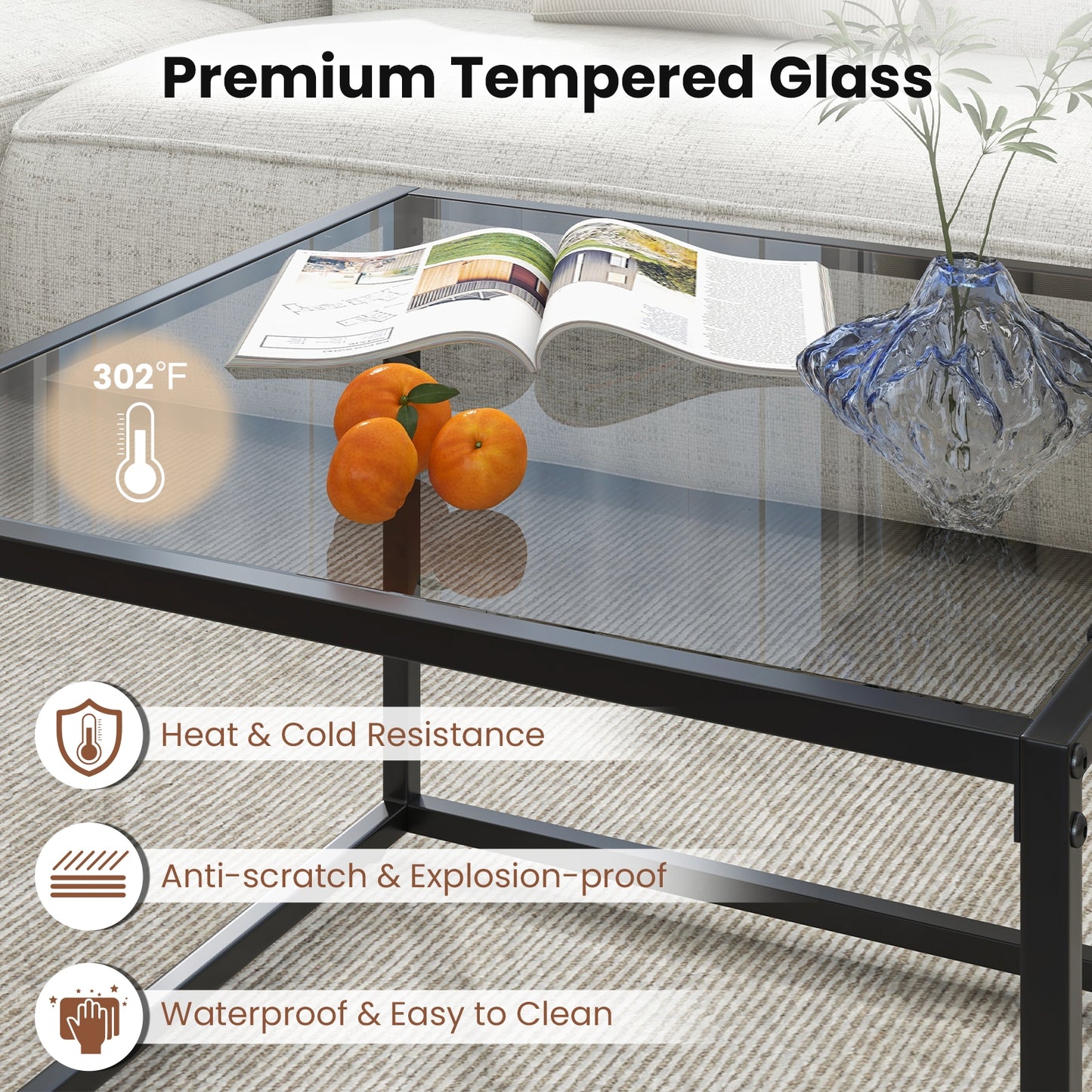 Modern Square Glass Coffee Table with Sturdy Metal Frame - Grey