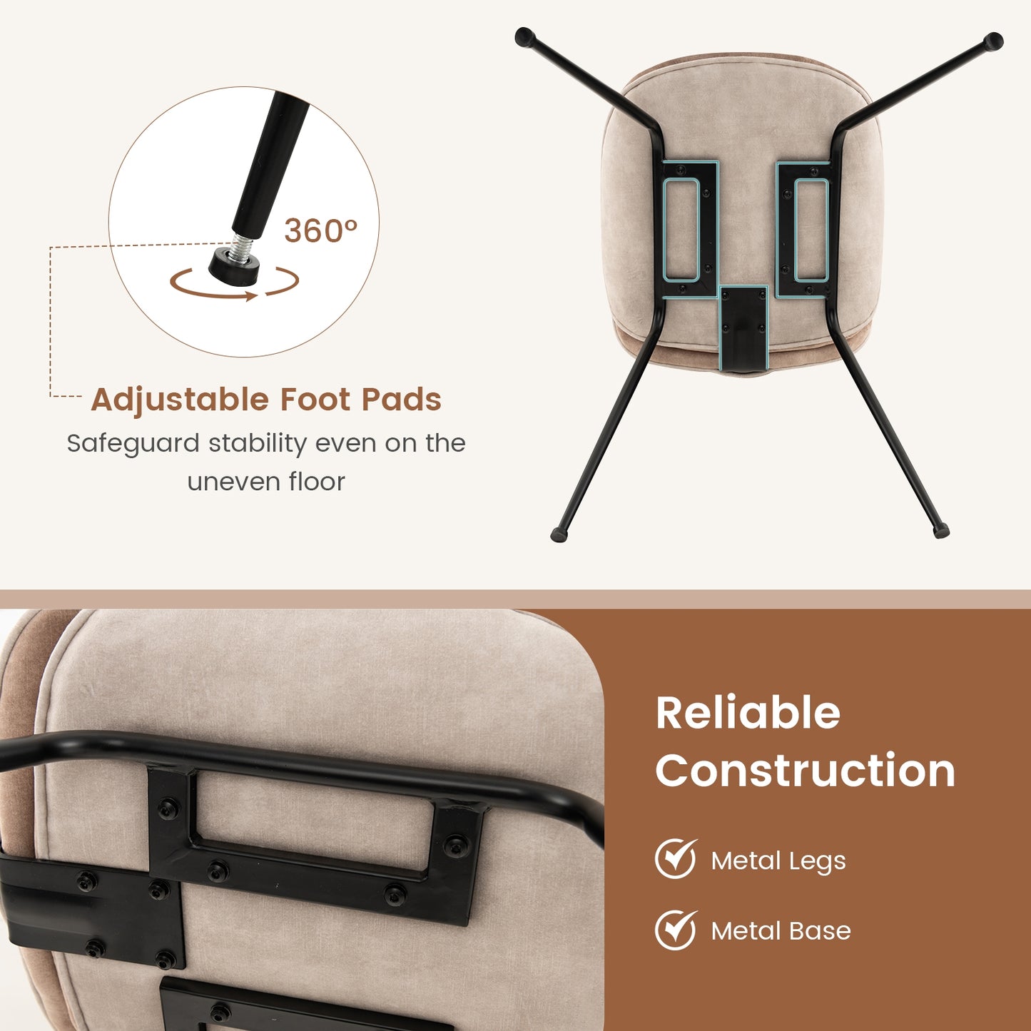 Modern Armless Dining Chairs with Soft Velvet Cushioned Seat and Sturdy Metal Base - Set of 2