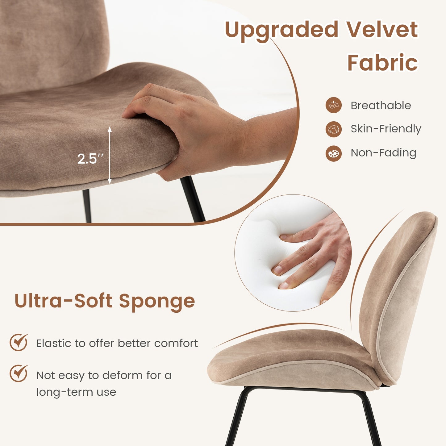 Modern Armless Dining Chairs with Soft Velvet Cushioned Seat and Sturdy Metal Base - Set of 2