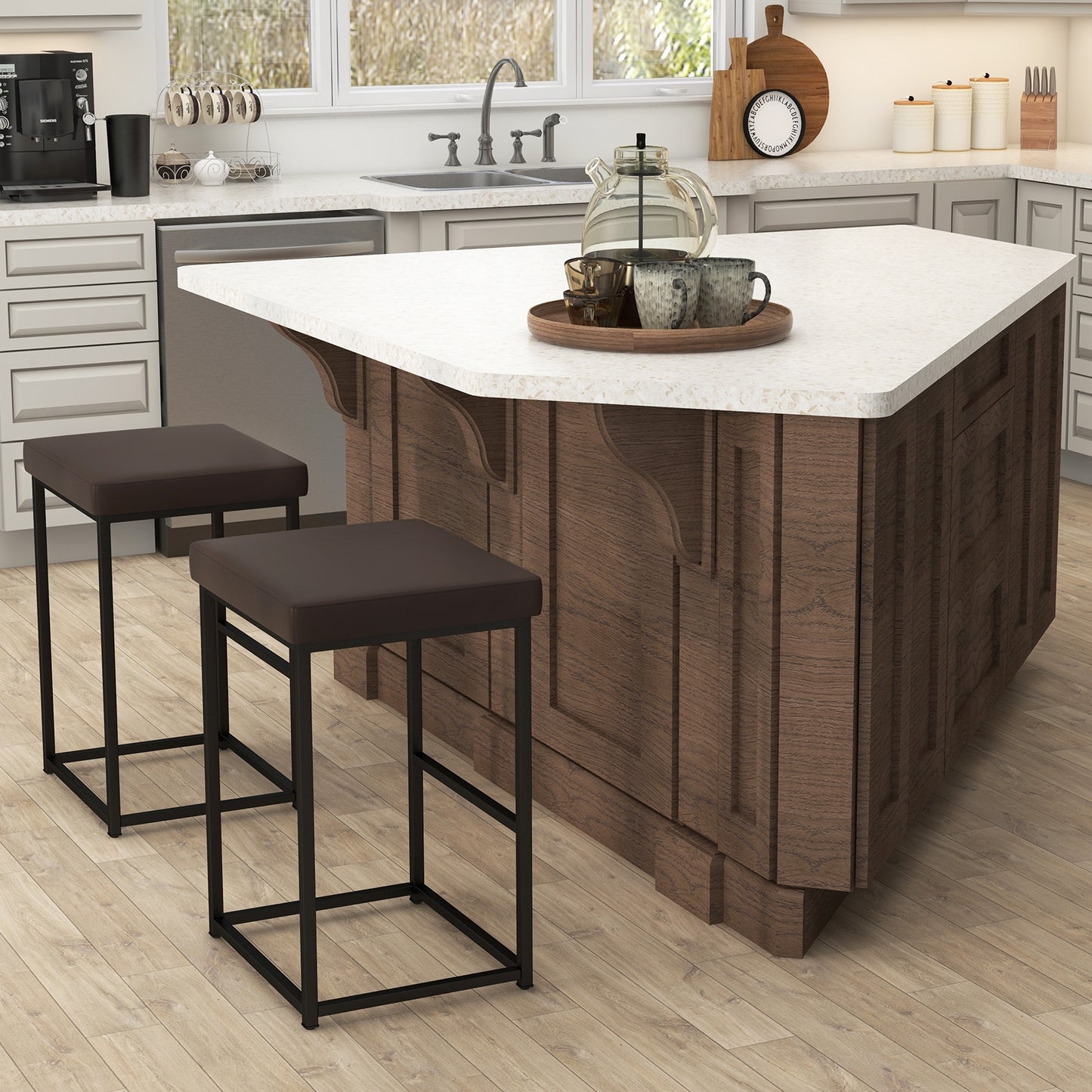 Pair of 30" Upholstered Barstools with PU Leather Cushions and Metal Frame in Brown