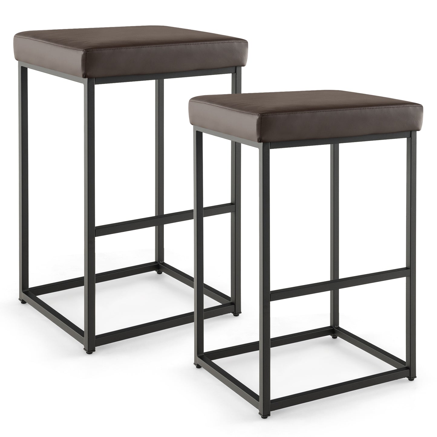 Pair of 30" Upholstered Barstools with PU Leather Cushions and Metal Frame in Brown