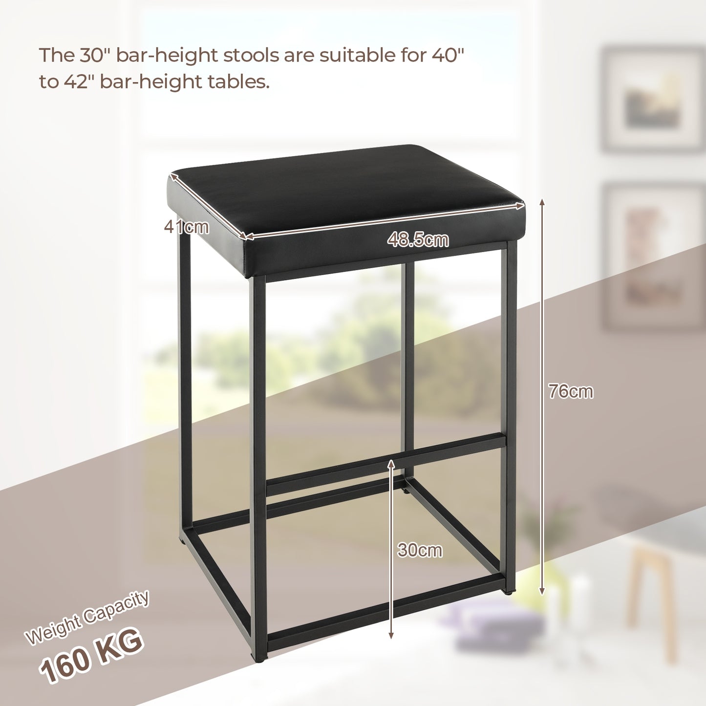Pair of 30" Upholstered Barstools with PU Leather Cushions and Metal Frame in Black