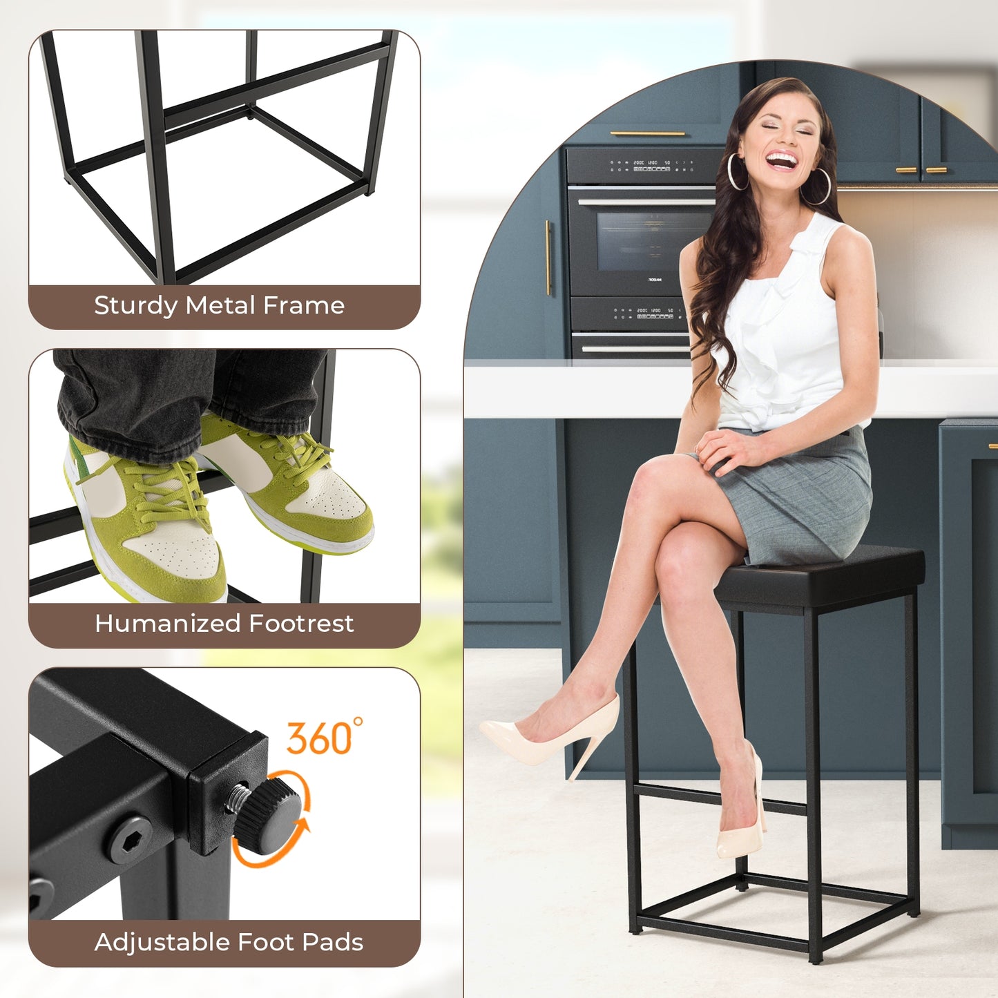 Pair of 30" Upholstered Barstools with PU Leather Cushions and Metal Frame in Black
