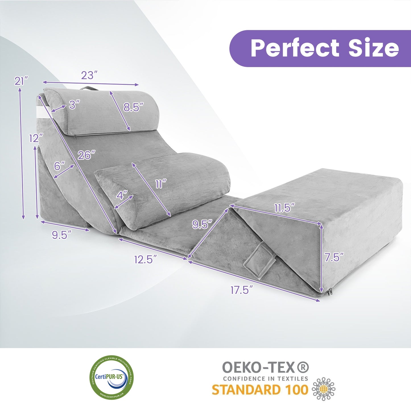 7 Piece Orthopedic Bed Wedge Pillow Set with Memory Foam, Adjustable Support & Washable Cover-Gray