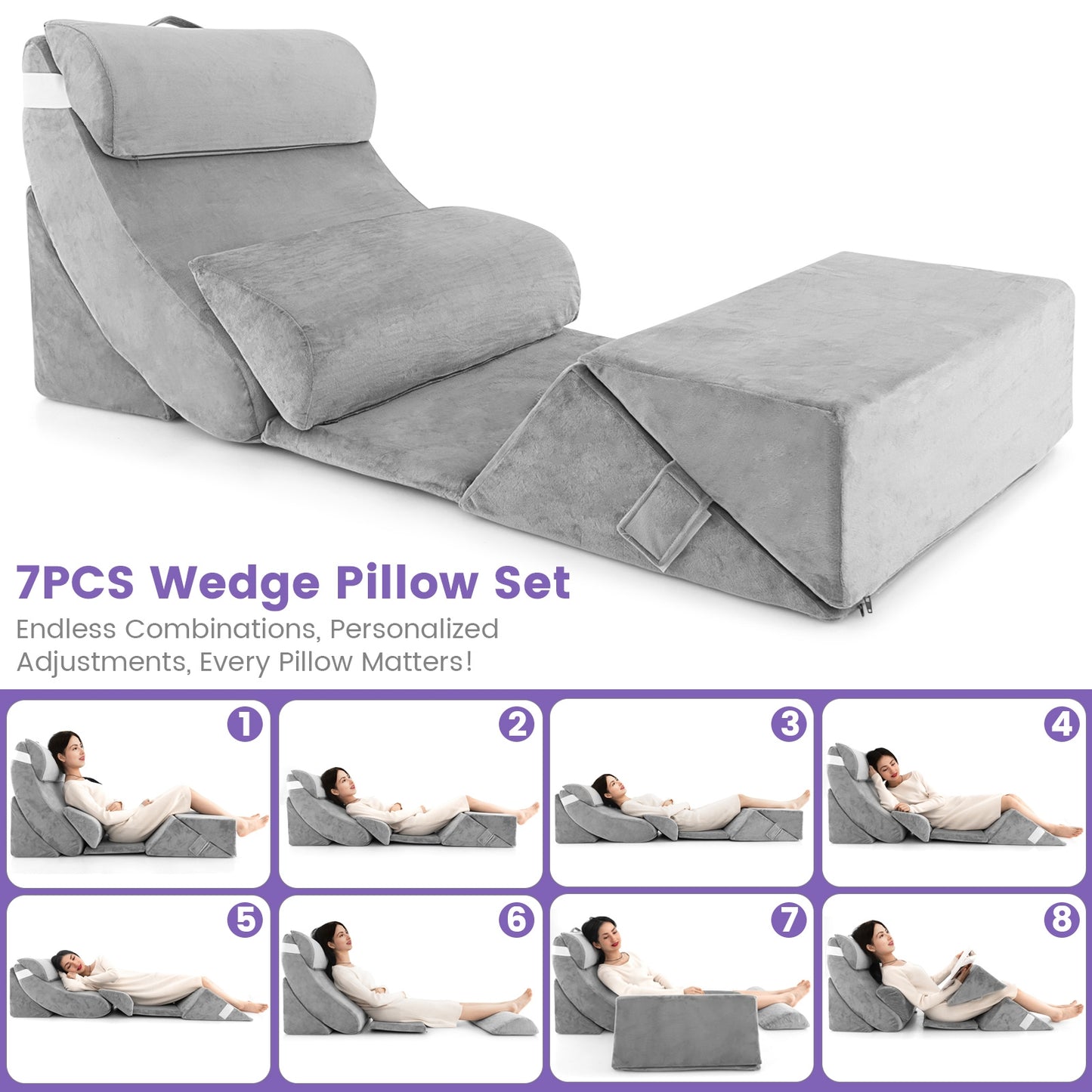 7 Piece Orthopedic Bed Wedge Pillow Set with Memory Foam, Adjustable Support & Washable Cover-Gray