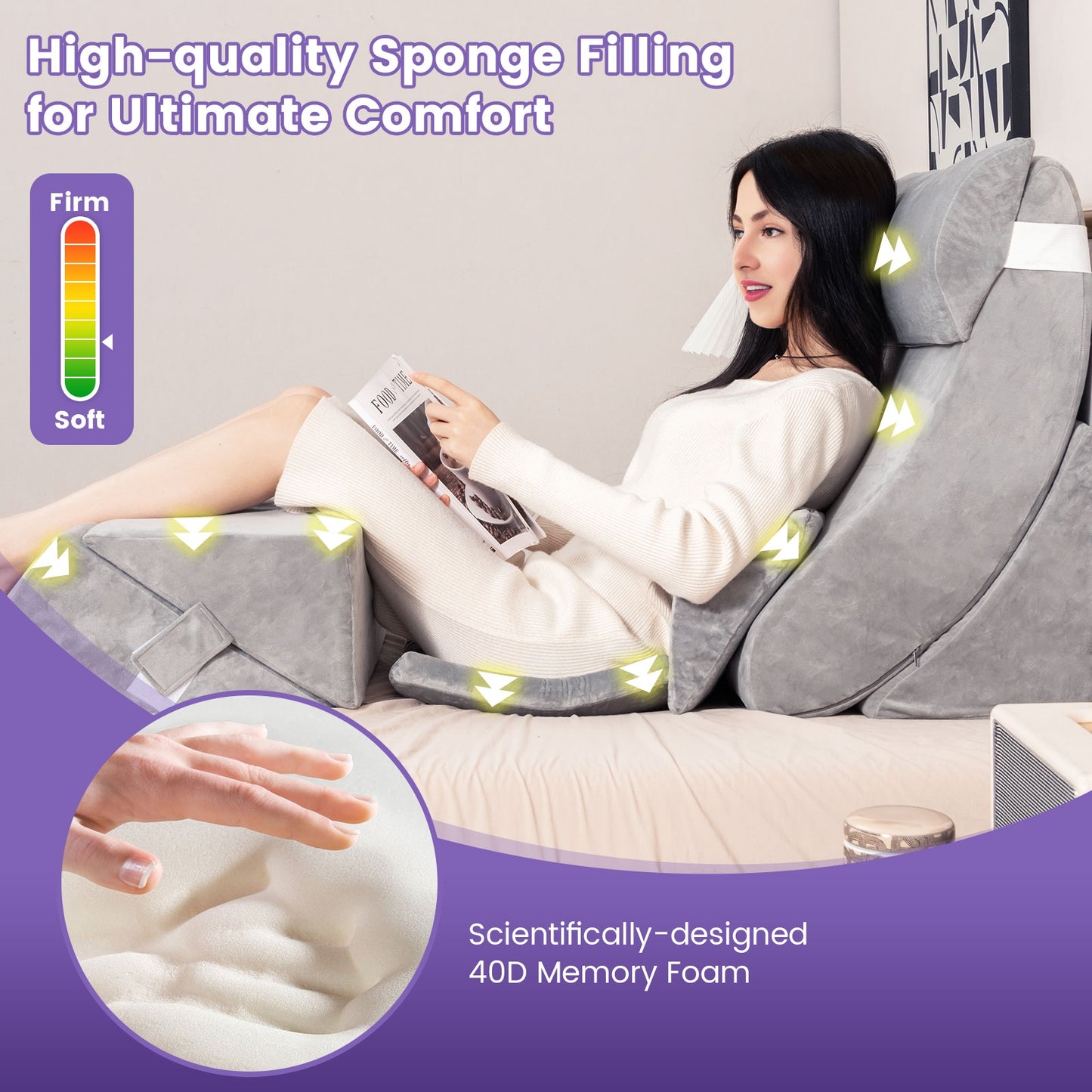 7 Piece Orthopedic Bed Wedge Pillow Set with Memory Foam, Adjustable Support & Washable Cover-Gray