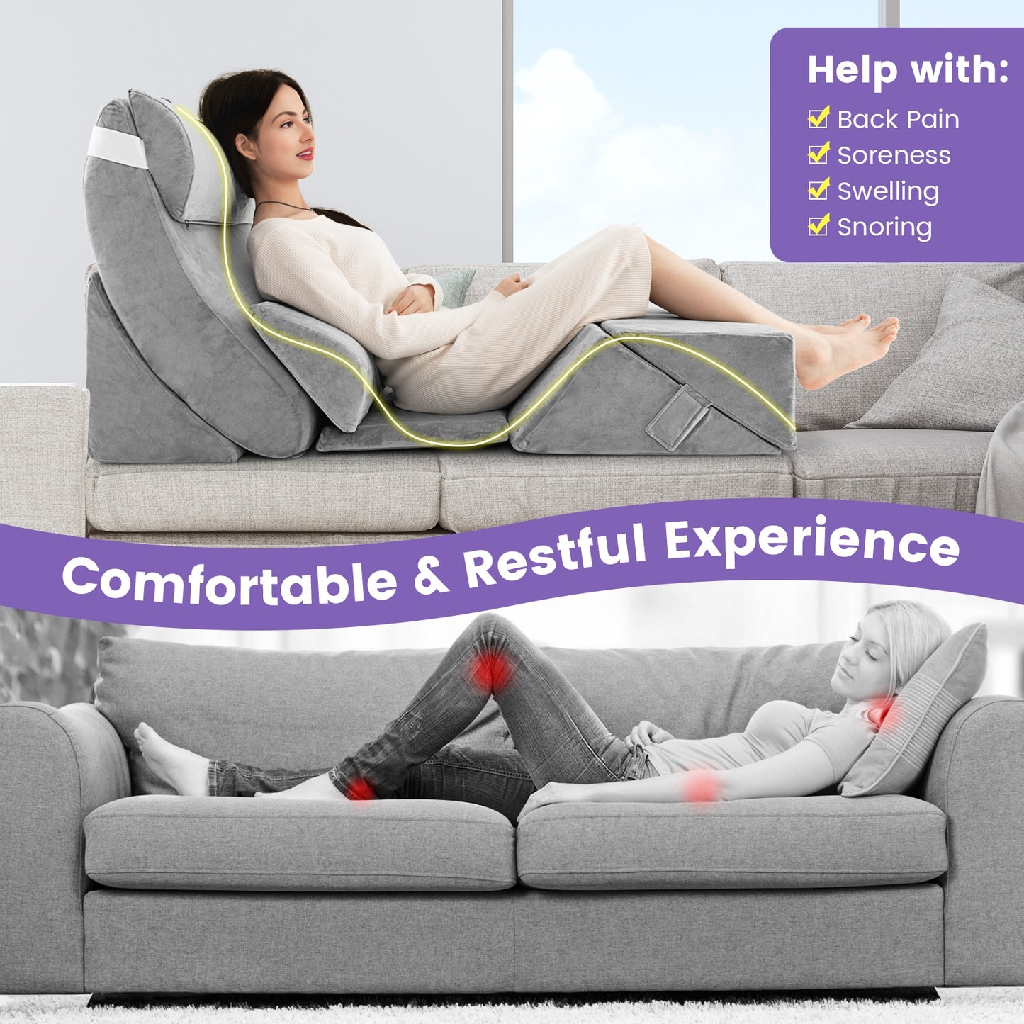 7 Piece Orthopedic Bed Wedge Pillow Set with Memory Foam, Adjustable Support & Washable Cover-Gray