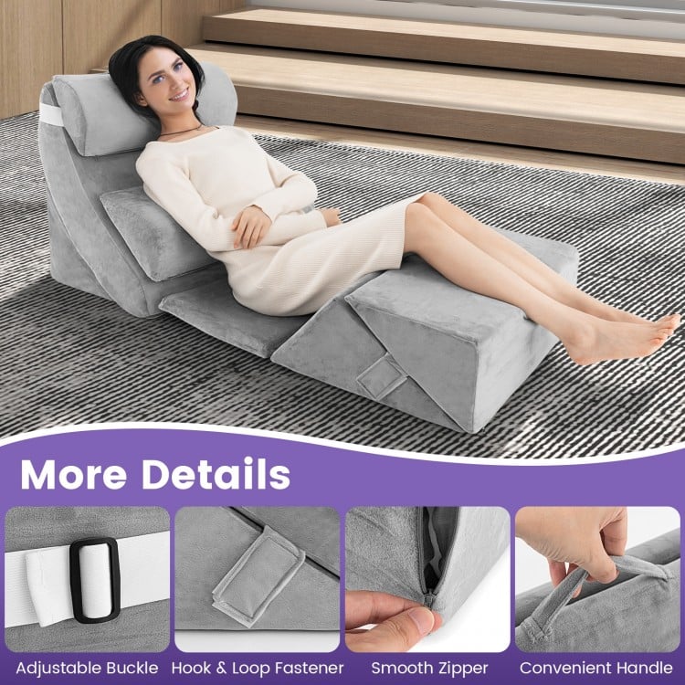 7 Piece Orthopedic Bed Wedge Pillow Set with Memory Foam, Adjustable Support & Washable Cover-Gray