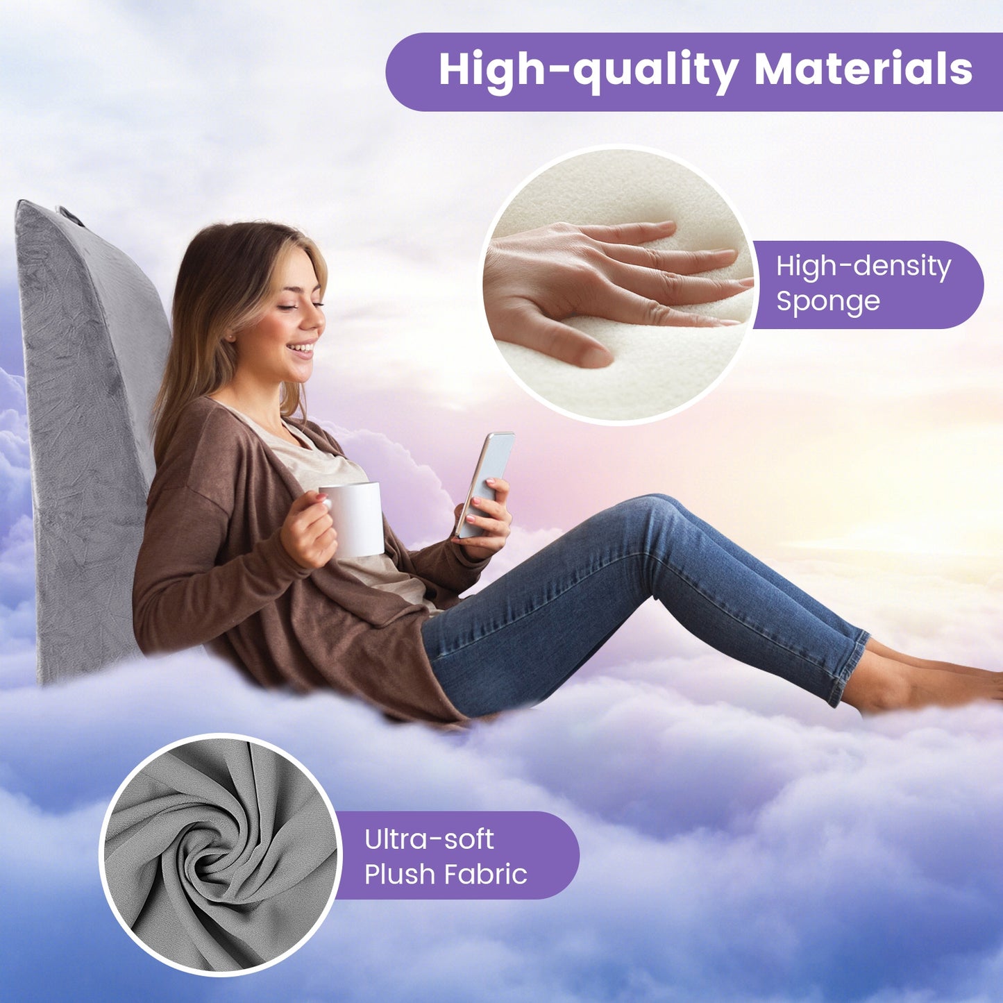 Ergonomic Bed Wedge Pillow for Back Support and Reading with Detachable Cover