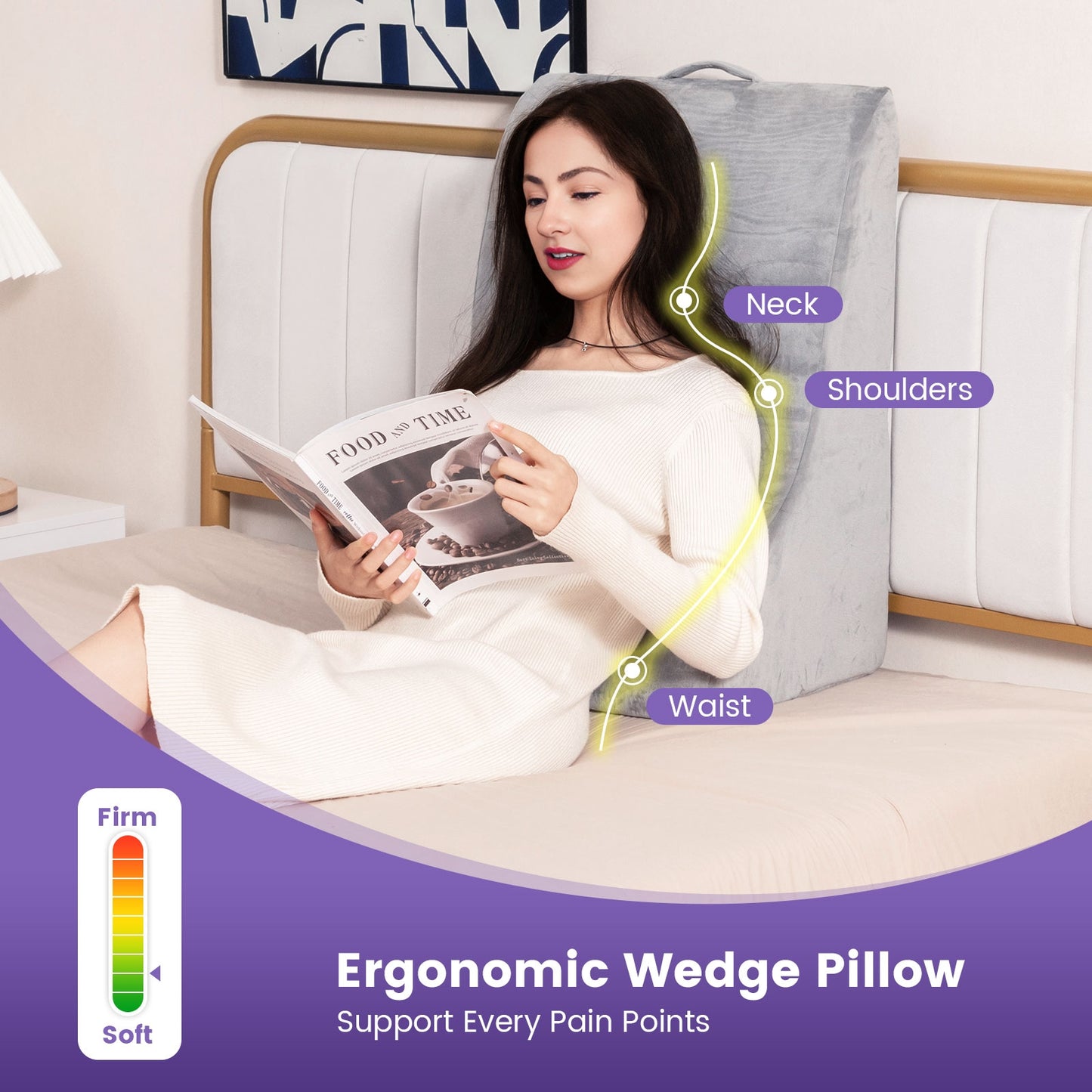 Ergonomic Bed Wedge Pillow for Back Support and Reading with Detachable Cover