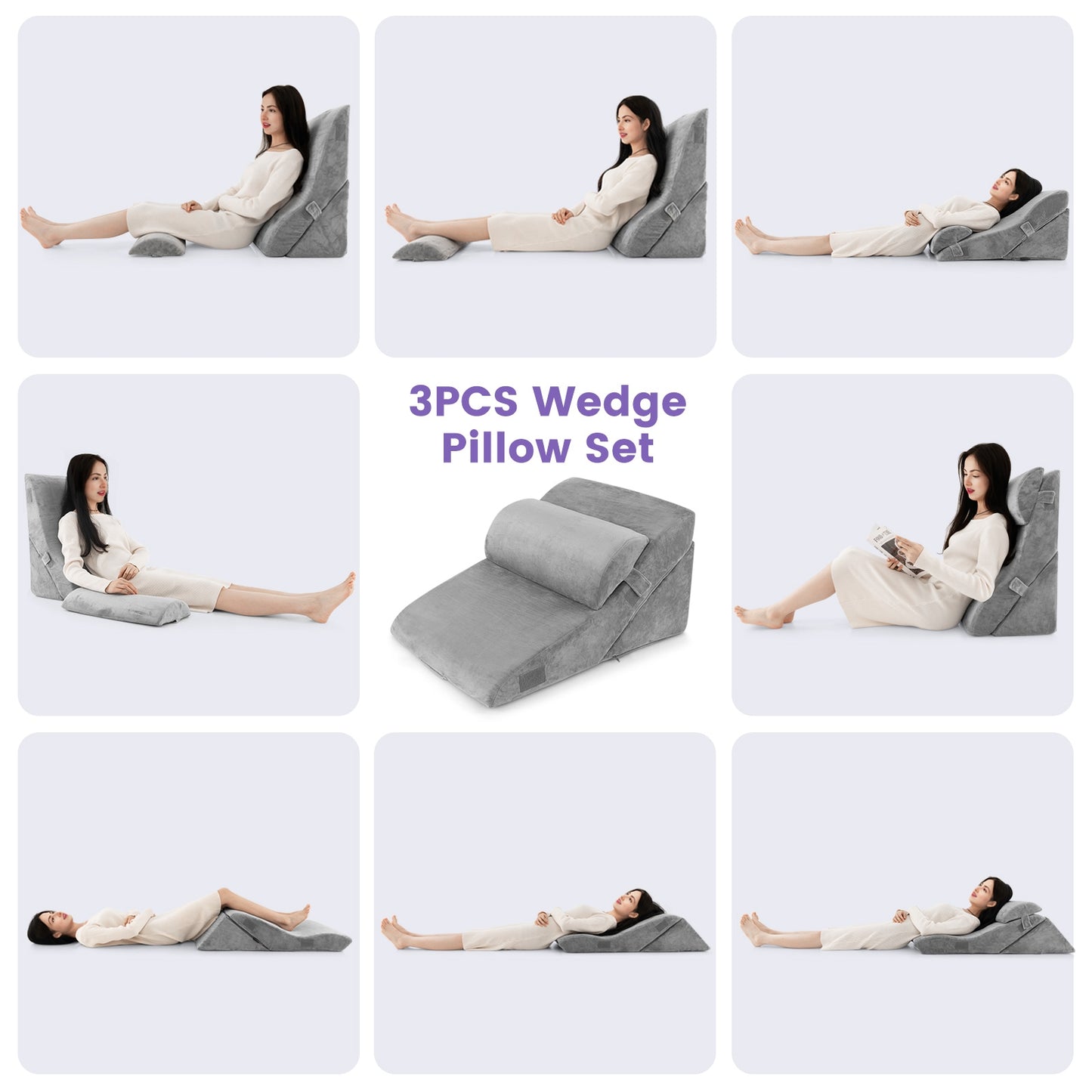 3 Piece Adjustable Orthopedic Bed Wedge Pillow Set for Back, Neck & Leg Support