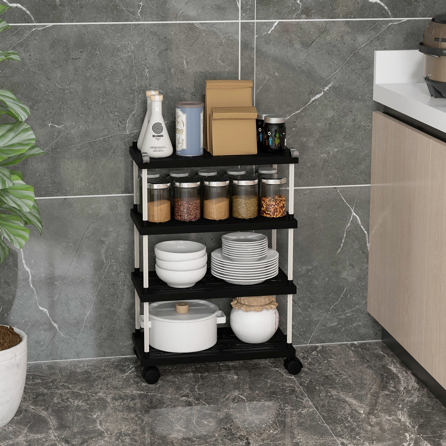 Slim Rolling Storage Cart with 4 Tiers and Locking Wheels