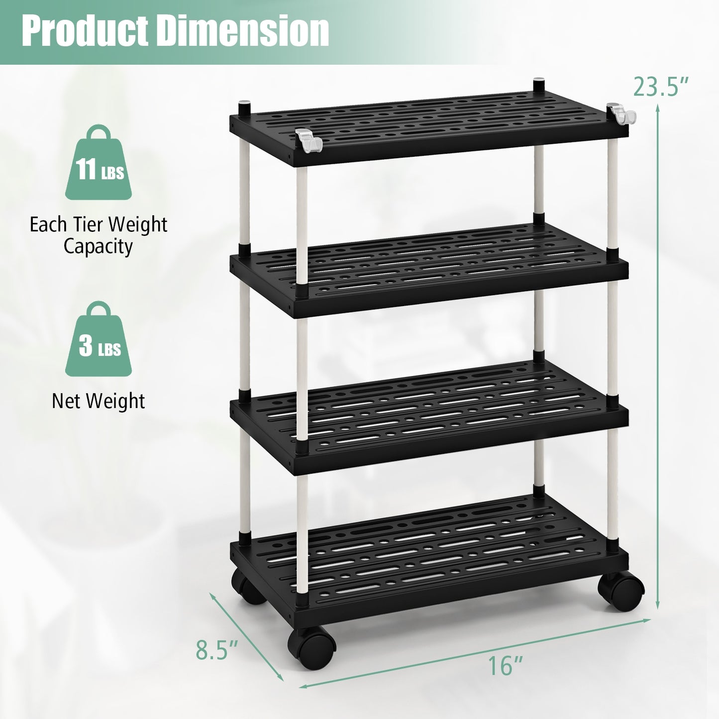 Slim Rolling Storage Cart with 4 Tiers and Locking Wheels
