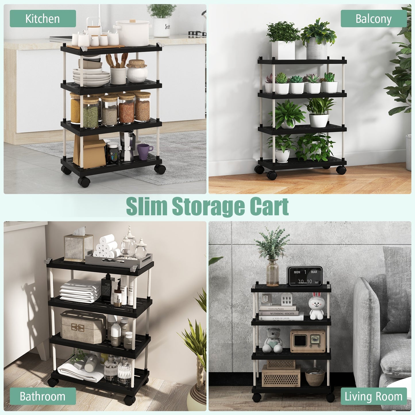 Slim Rolling Storage Cart with 4 Tiers and Locking Wheels