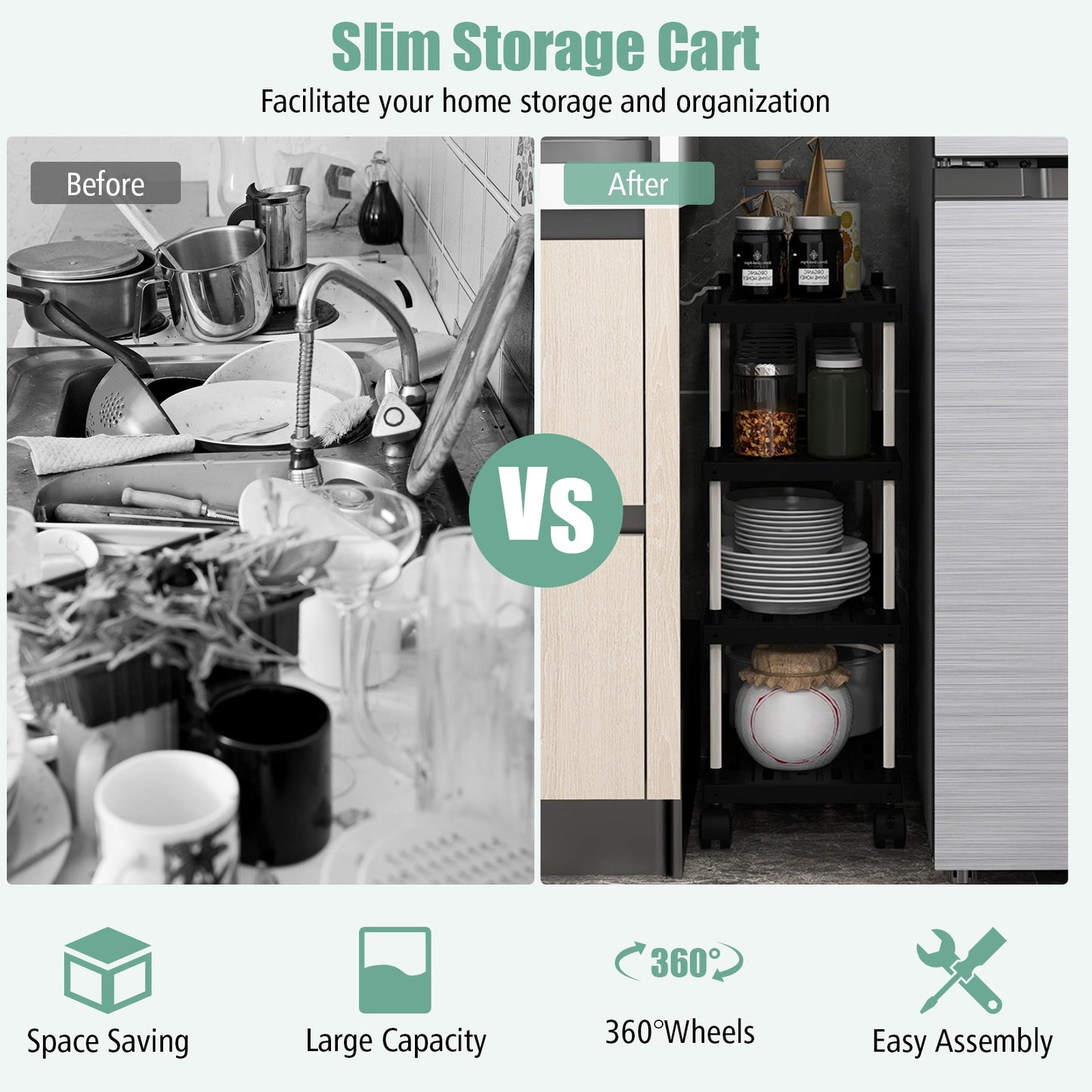 Slim Rolling Storage Cart with 4 Tiers and Locking Wheels