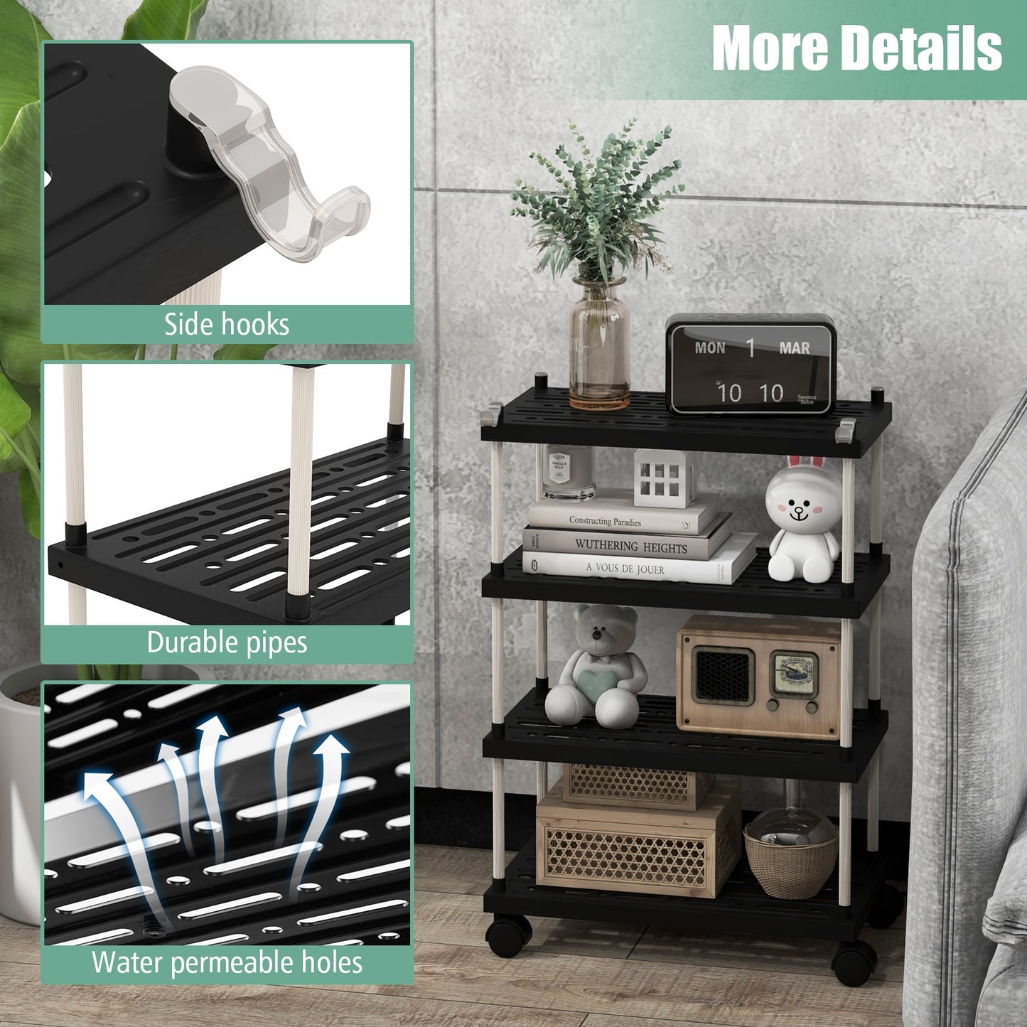 Slim Rolling Storage Cart with 4 Tiers and Locking Wheels