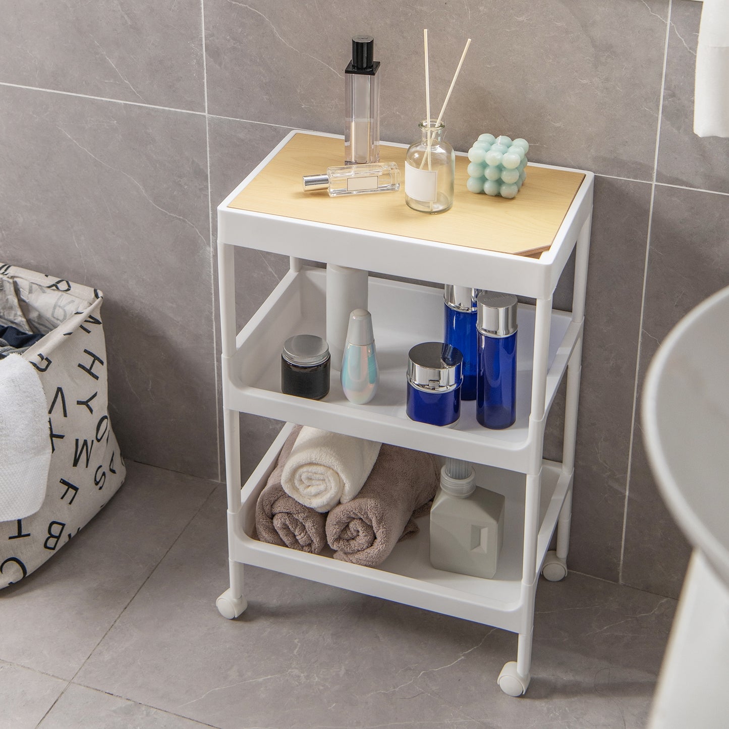 Compact 3 Tier Utility Cart with Removable Tray Top and Lockable Wheels for Kitchen Bathroom or Office