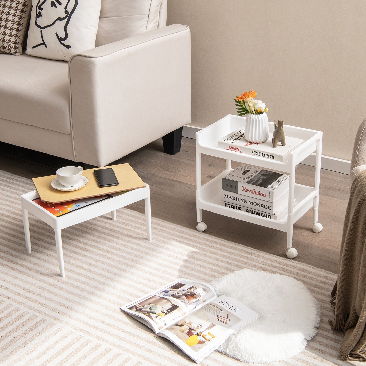 Compact 3 Tier Utility Cart with Removable Tray Top and Lockable Wheels for Kitchen Bathroom or Office