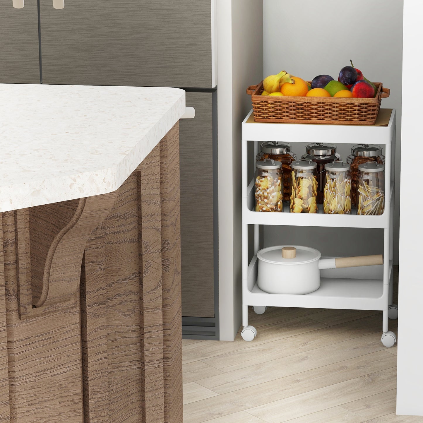 Compact 3 Tier Utility Cart with Removable Tray Top and Lockable Wheels for Kitchen Bathroom or Office