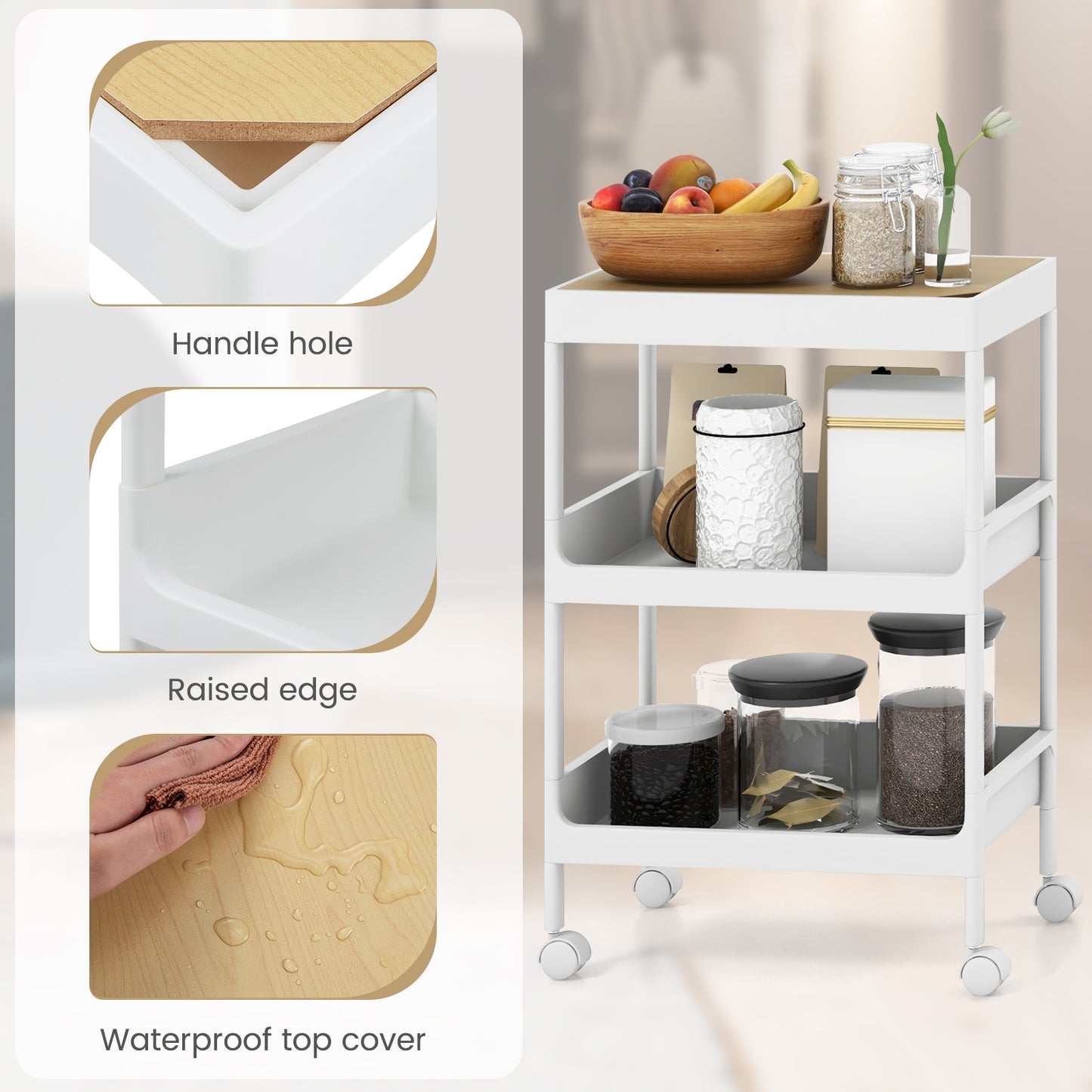 Compact 3 Tier Utility Cart with Removable Tray Top and Lockable Wheels for Kitchen Bathroom or Office