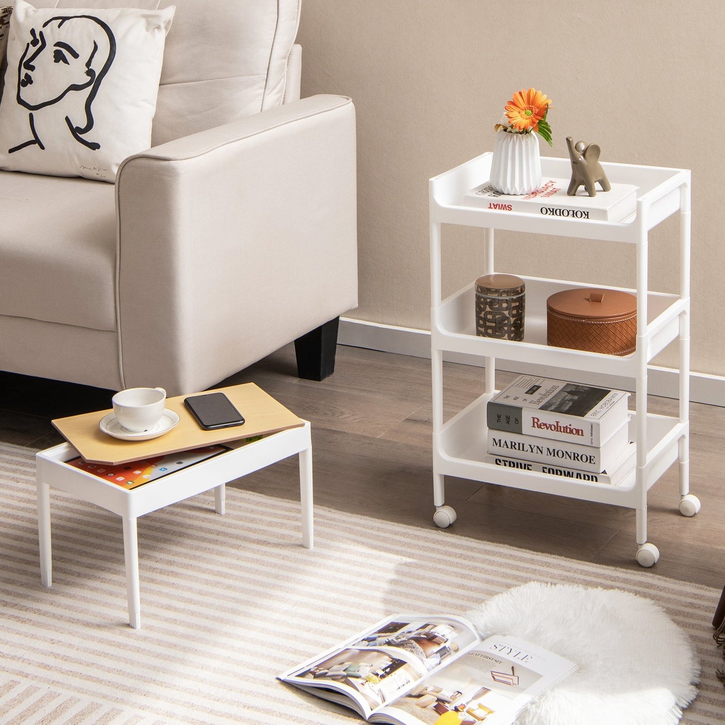 Compact 4 Tier Utility Cart with Removable Tray Top and Lockable Wheels for Kitchen Bathroom or Office