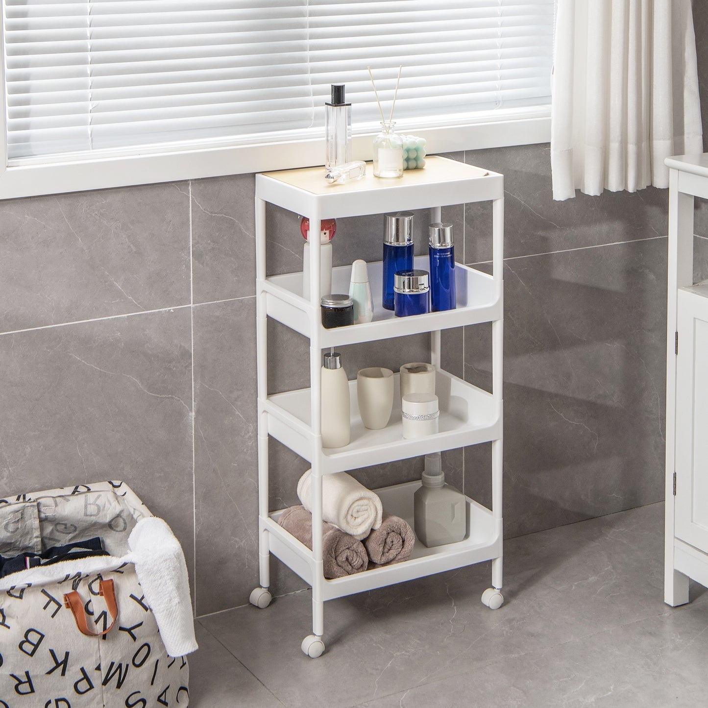 Compact 4 Tier Utility Cart with Removable Tray Top and Lockable Wheels for Kitchen Bathroom or Office