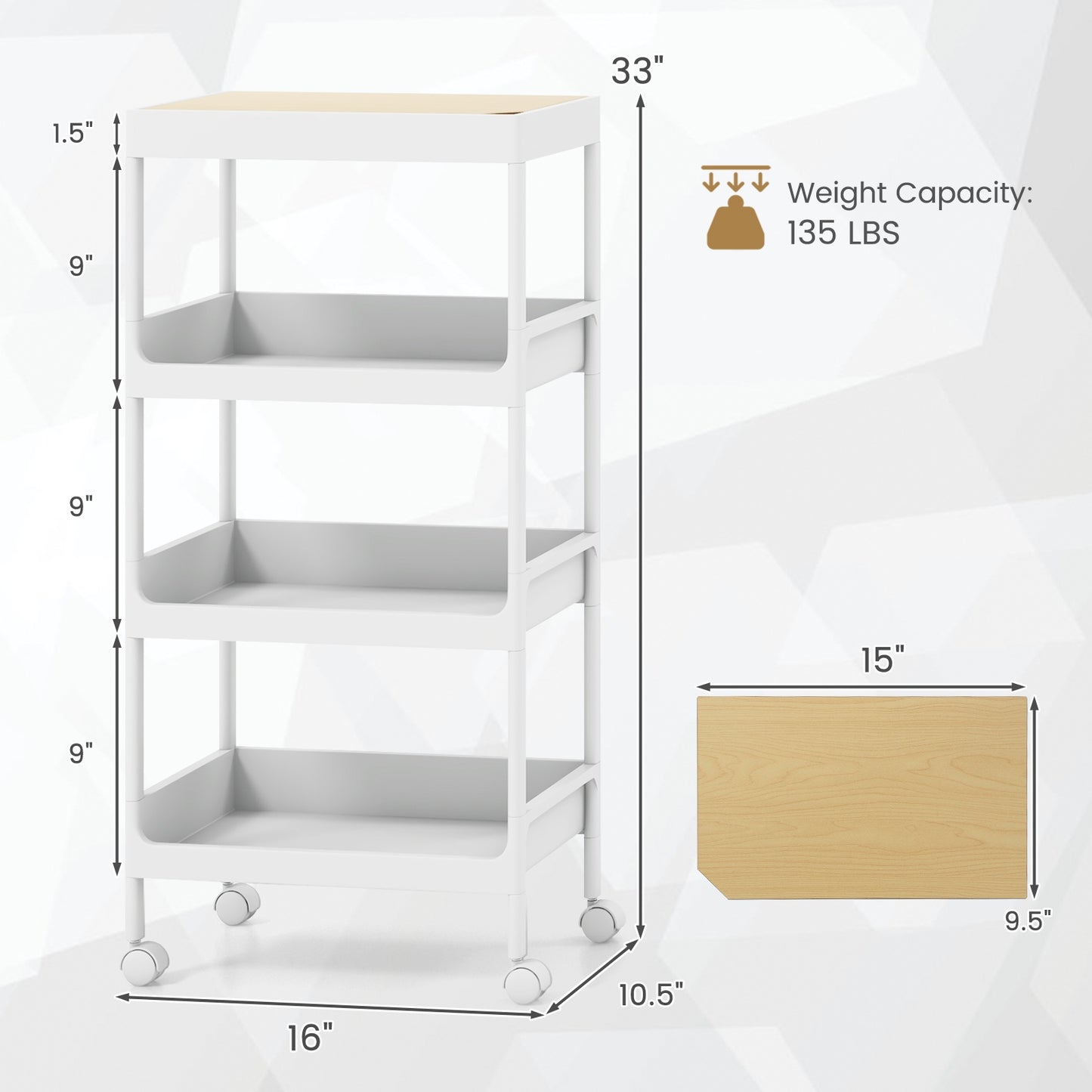 Compact 4 Tier Utility Cart with Removable Tray Top and Lockable Wheels for Kitchen Bathroom or Office
