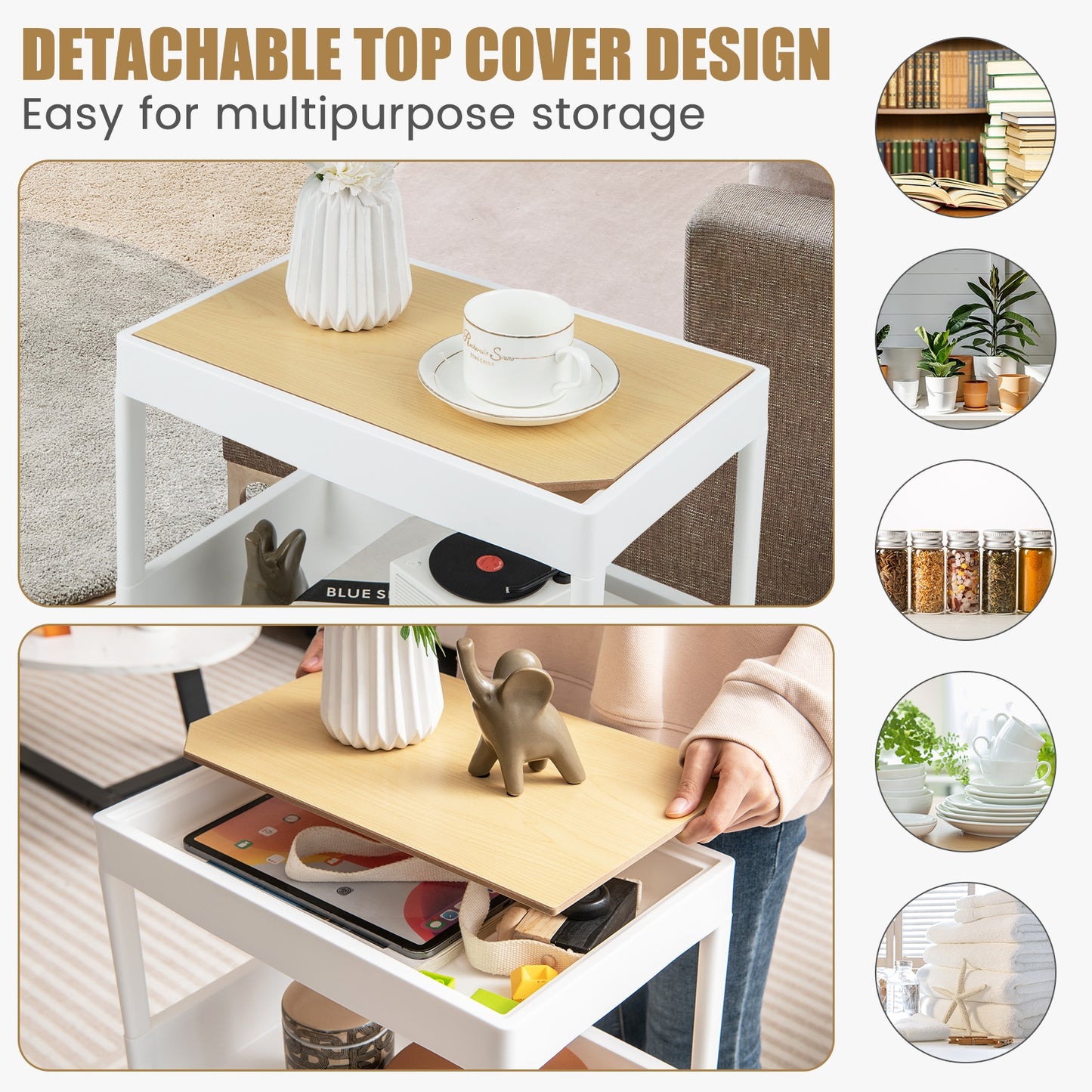 Compact 4 Tier Utility Cart with Removable Tray Top and Lockable Wheels for Kitchen Bathroom or Office