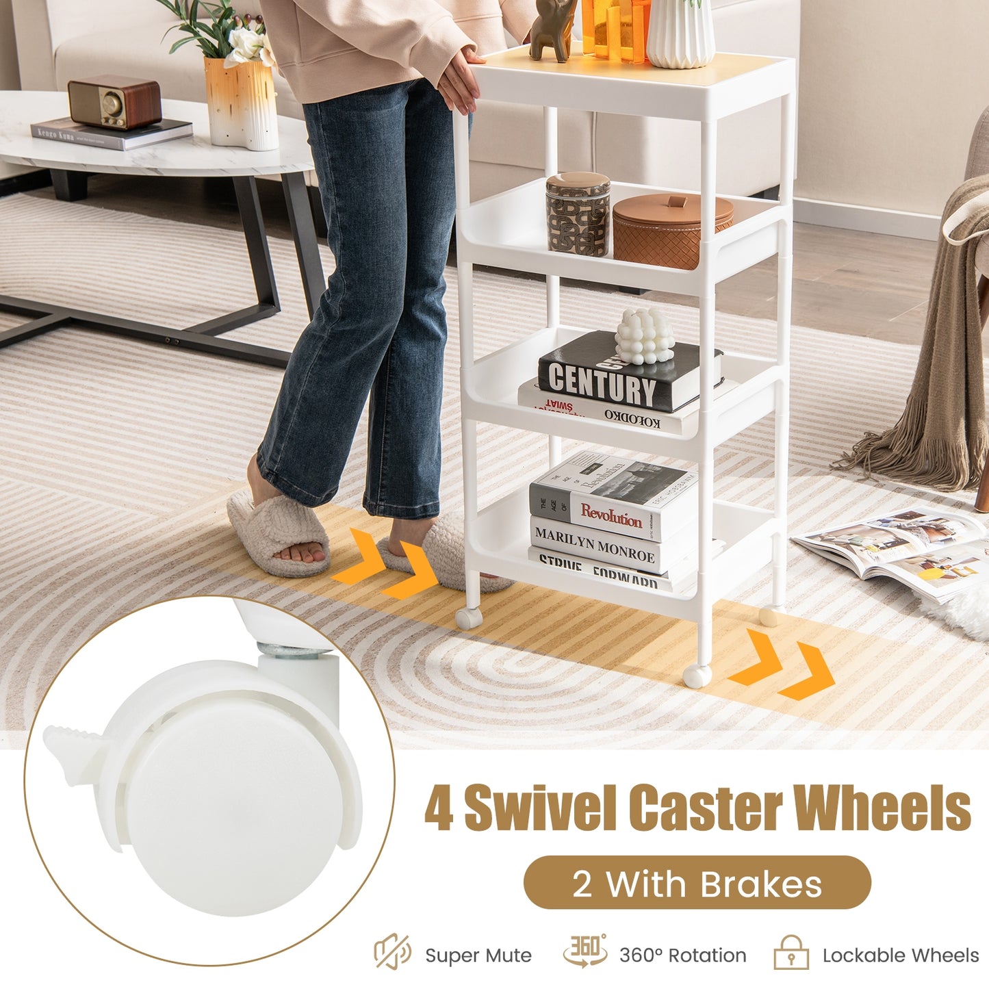 Compact 4 Tier Utility Cart with Removable Tray Top and Lockable Wheels for Kitchen Bathroom or Office