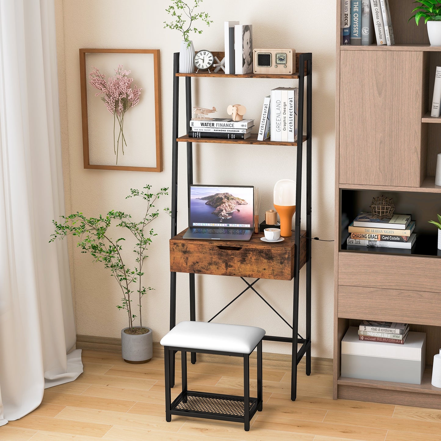 Modern Ladder Vanity Desk Set with Flip-Top Mirror, Storage Shelves, and Cushioned Stool – Black